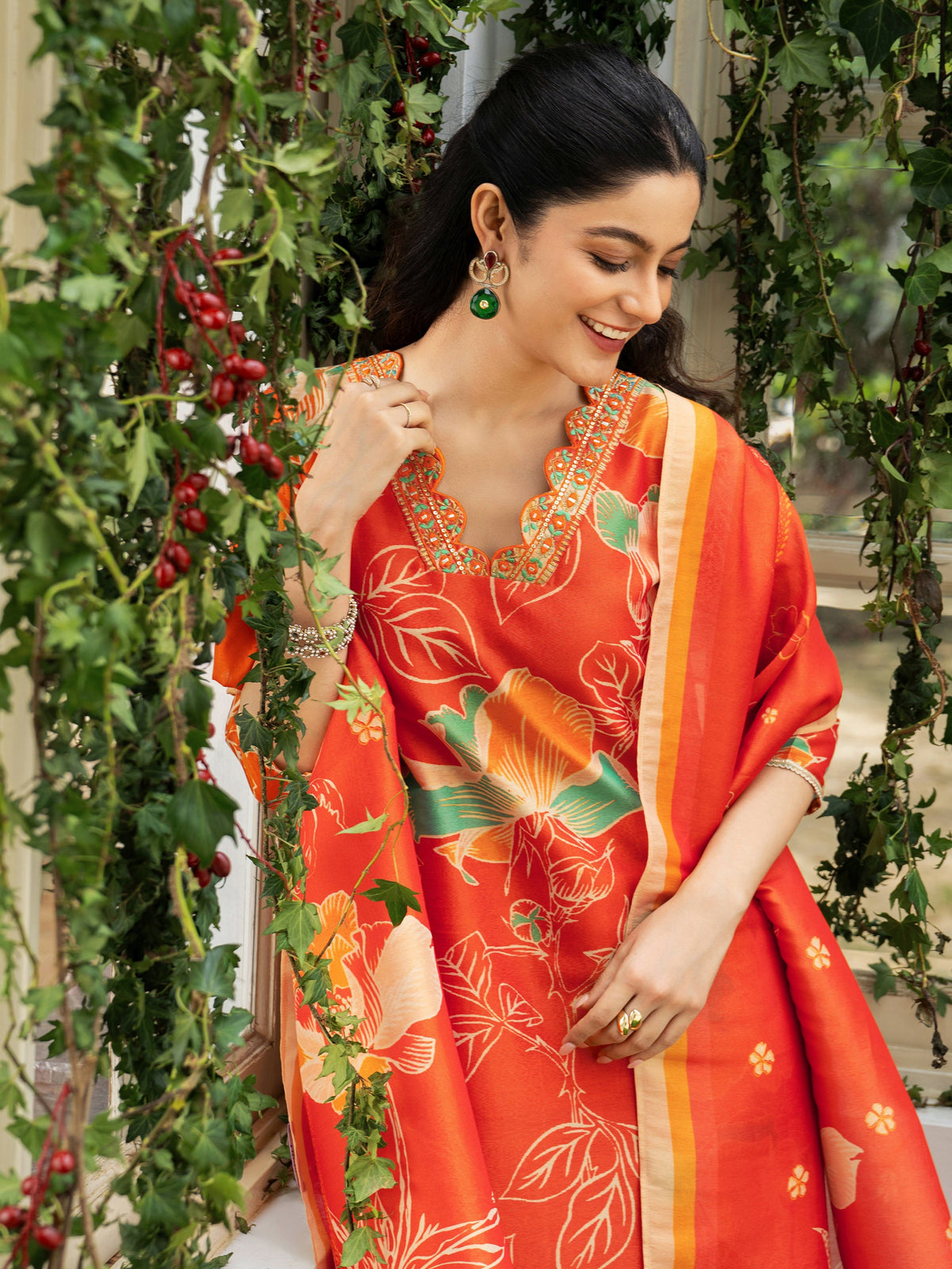 Libas Orange Printed Silk Blend Straight Suit Set With Dupatta