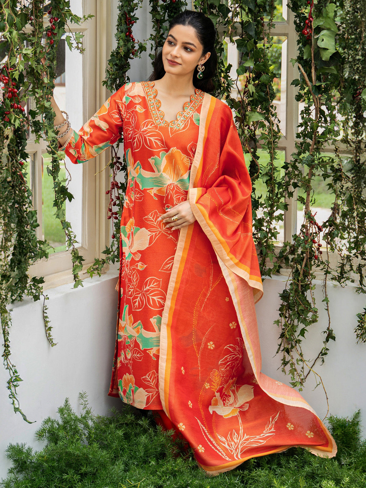 Libas Orange Printed Silk Blend Straight Suit Set With Dupatta