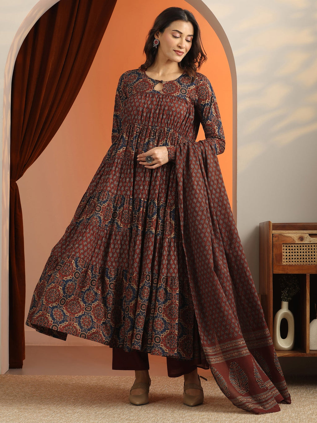 Libas Rust Printed Cotton Anarkali Suit Set With Dupatta KS67