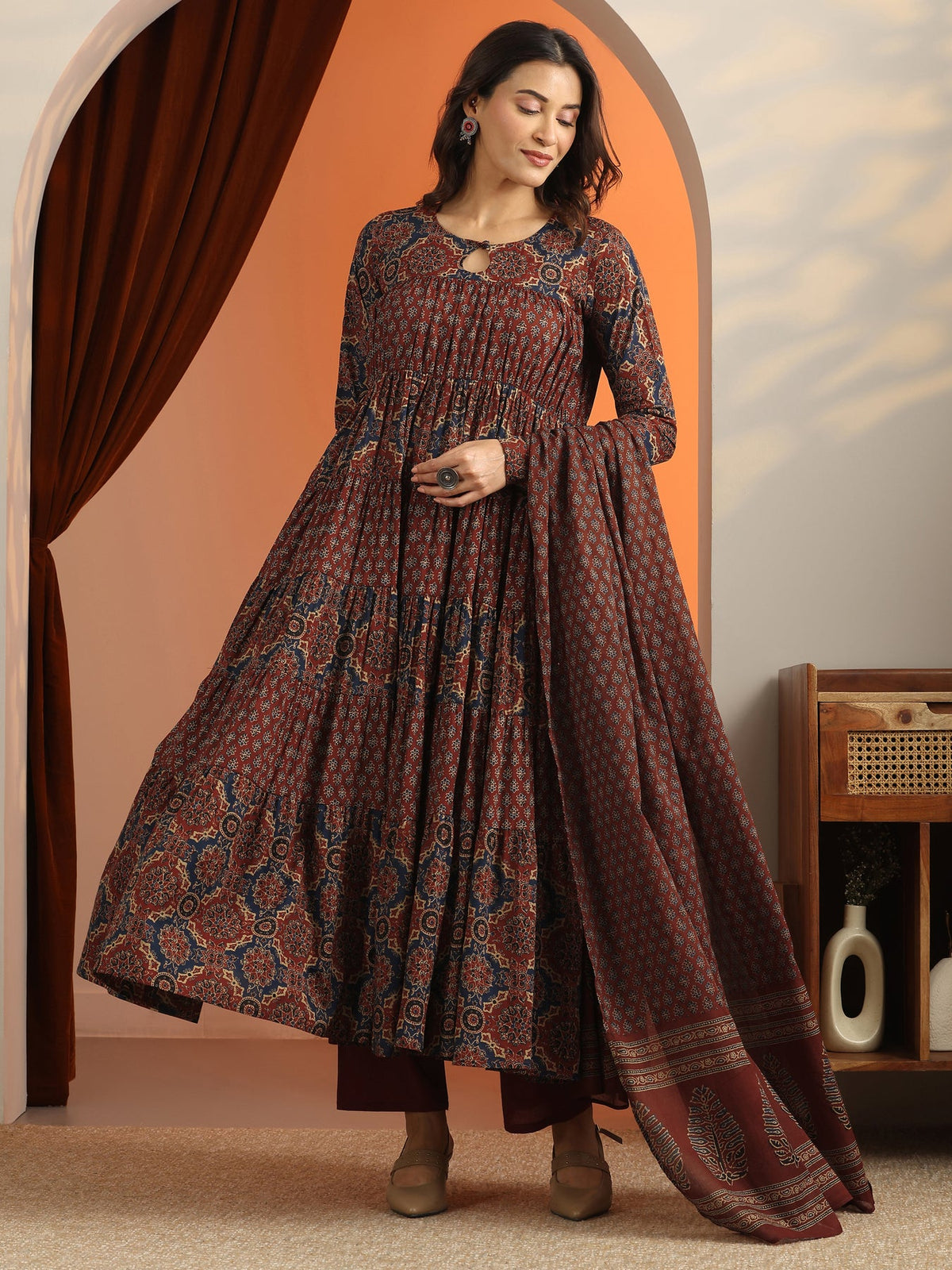Libas Rust Printed Cotton Anarkali Suit Set With Dupatta KS67