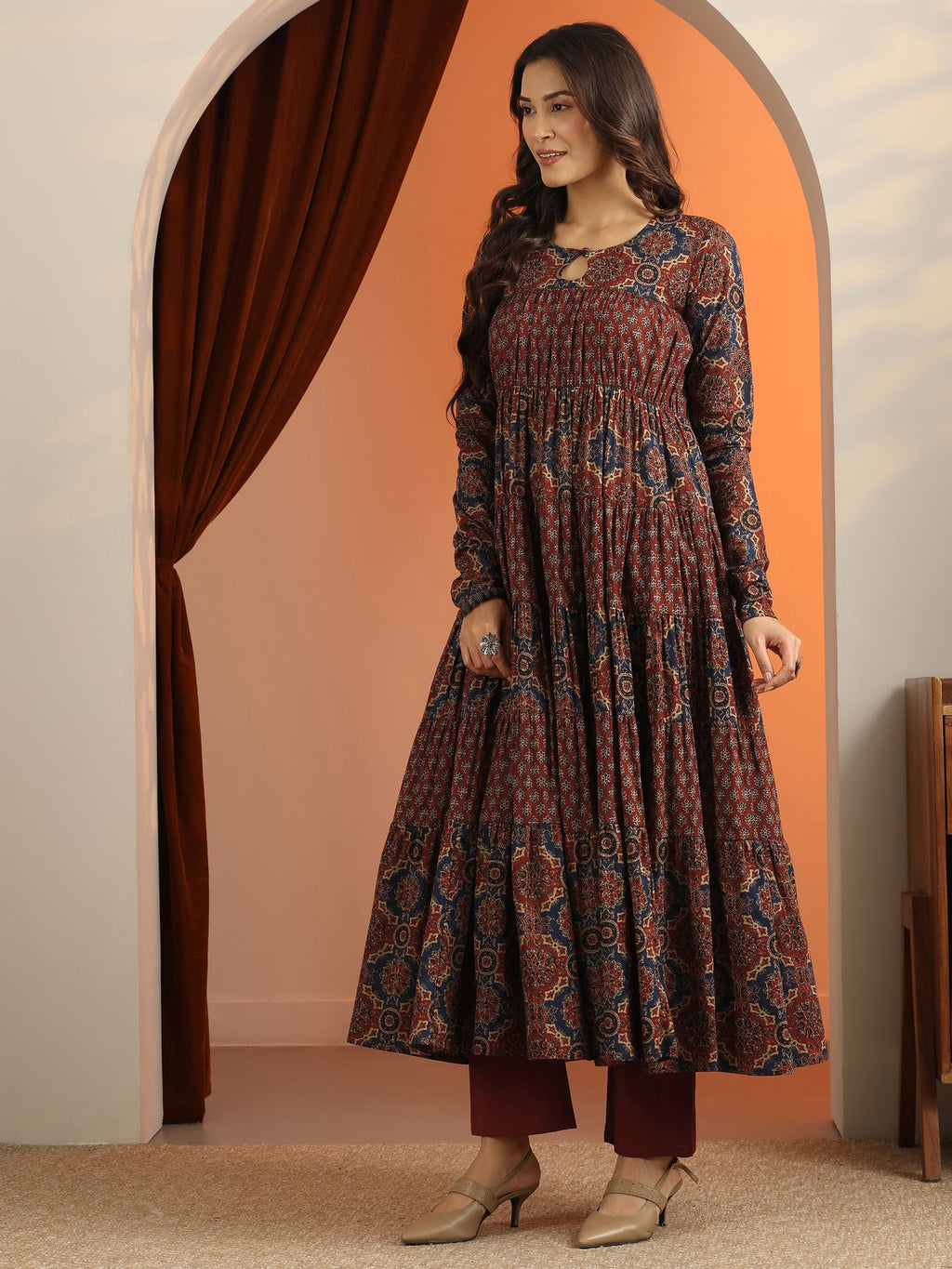 Libas Rust Printed Cotton Anarkali Suit Set With Dupatta KS67