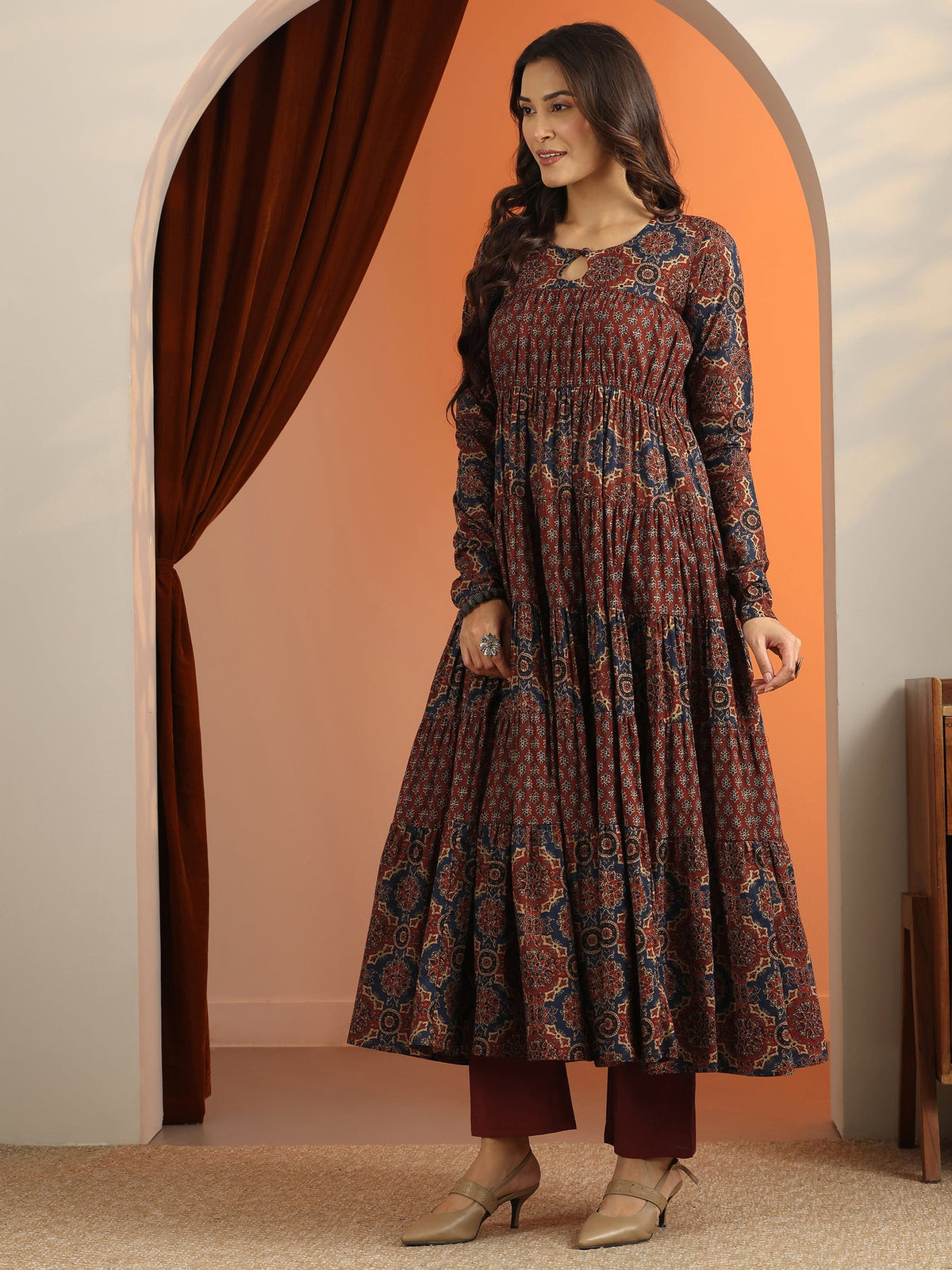 Libas Rust Printed Cotton Anarkali Suit Set With Dupatta KS67