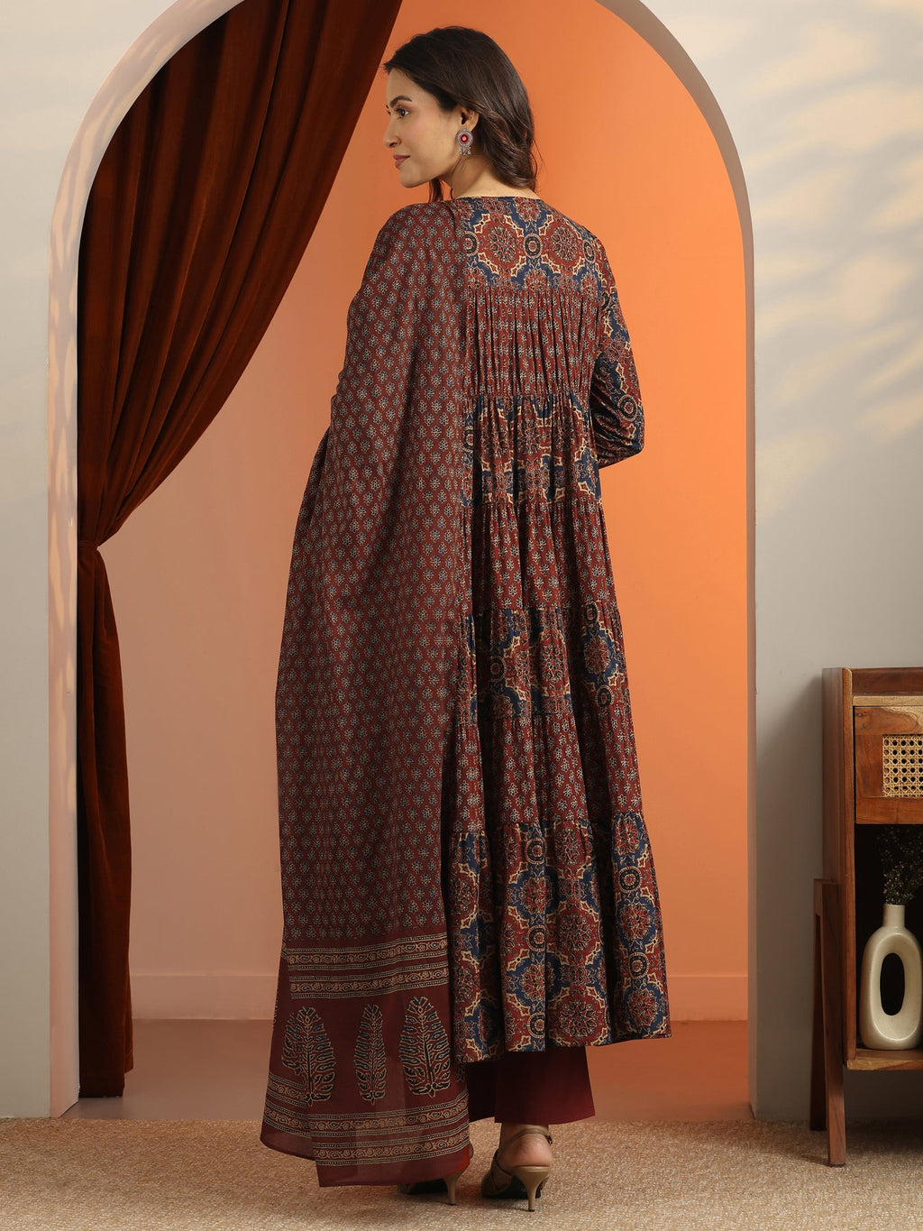 Libas Rust Printed Cotton Anarkali Suit Set With Dupatta KS67