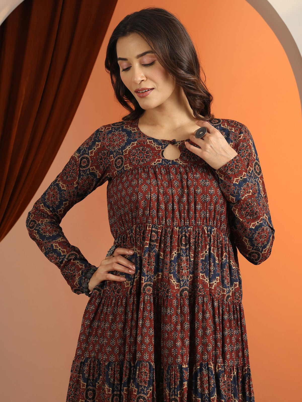 Libas Rust Printed Cotton Anarkali Suit Set With Dupatta KS67