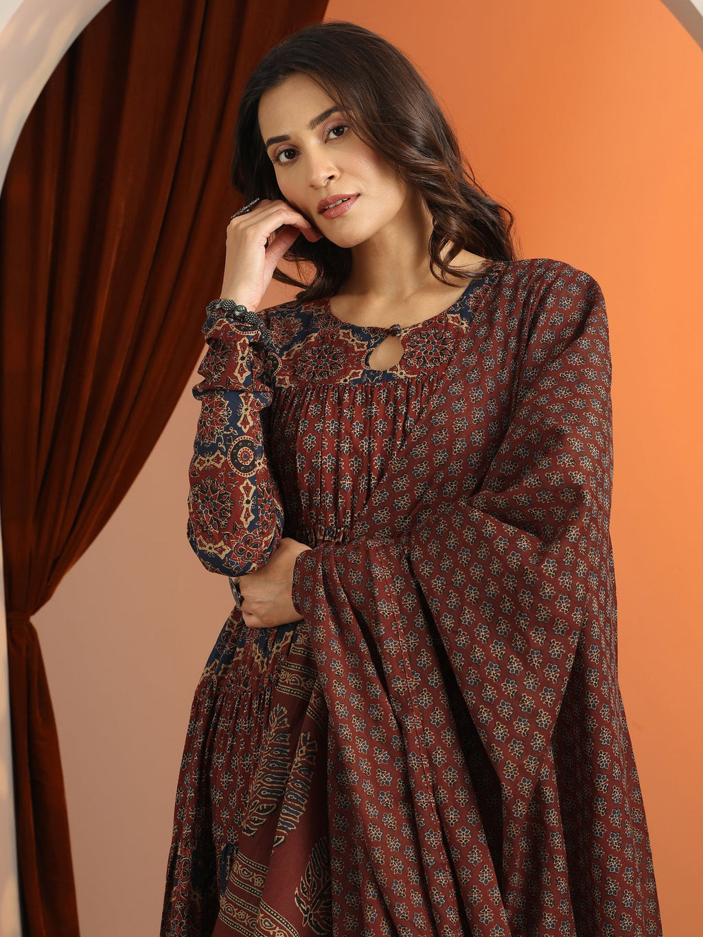 Libas Rust Printed Cotton Anarkali Suit Set With Dupatta KS67