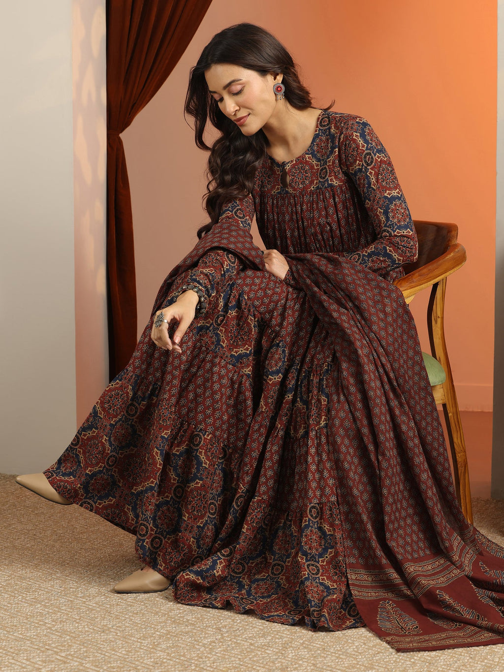 Libas Rust Printed Cotton Anarkali Suit Set With Dupatta KS67