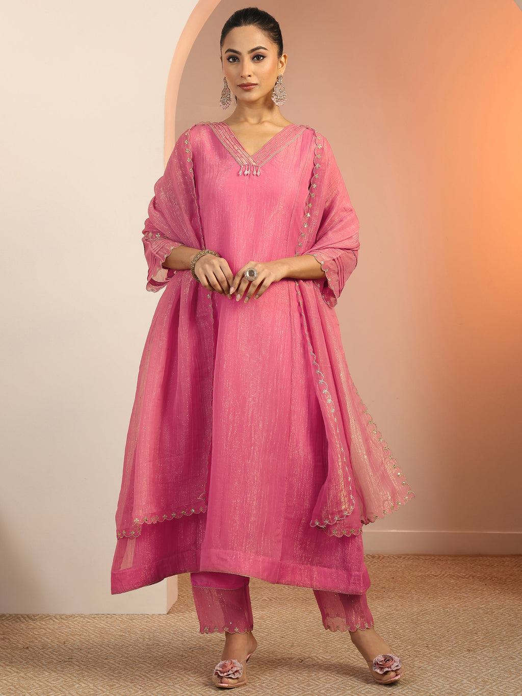 Libas Peach Solid Silk blend A-Line Suit Set With Dupatta