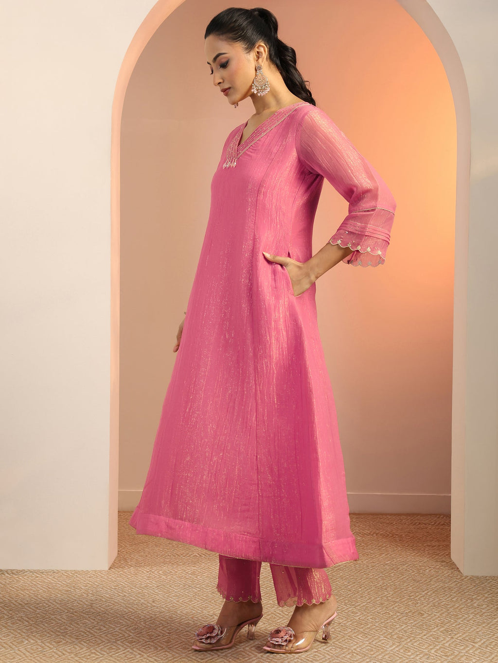 Libas Peach Solid Silk blend A-Line Suit Set With Dupatta KS67
