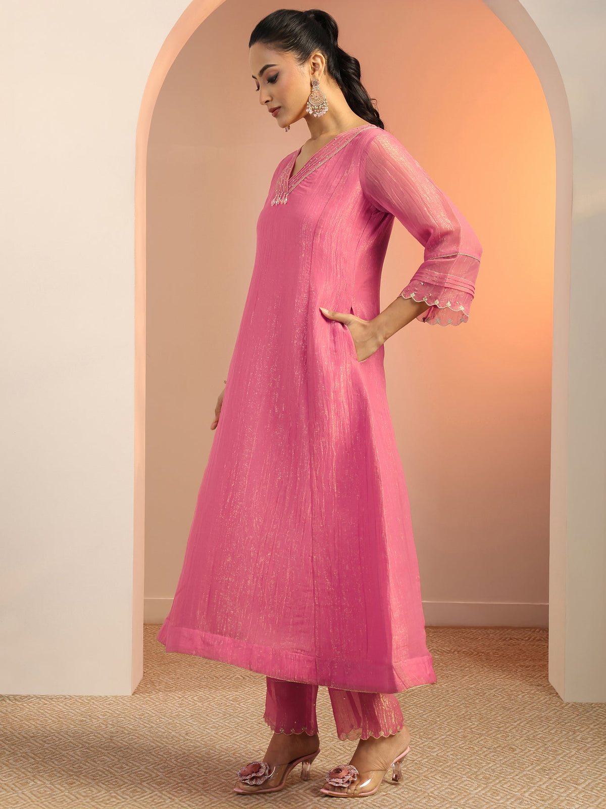 Libas Peach Solid Silk blend A-Line Suit Set With Dupatta KS67