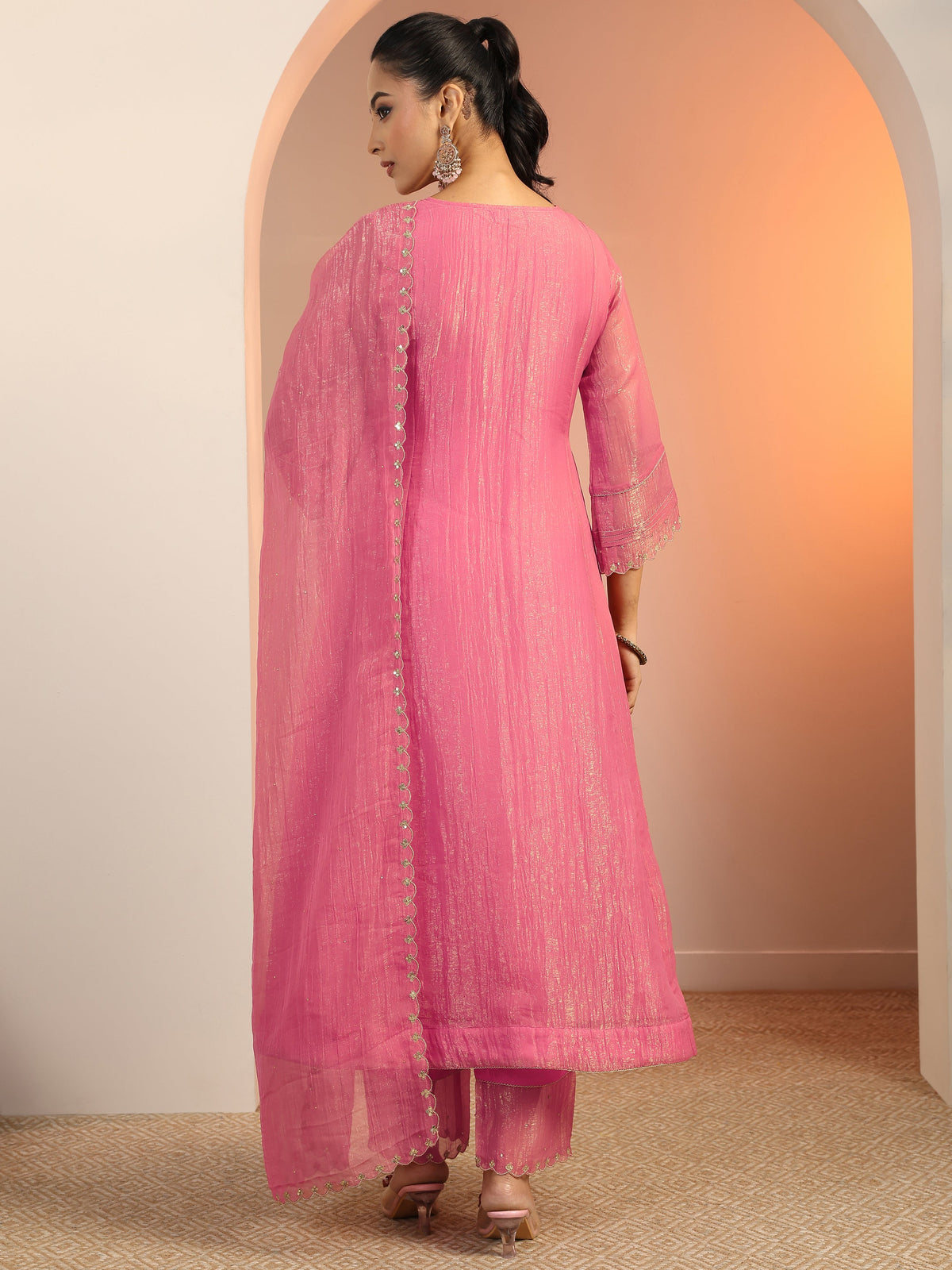 Libas Peach Solid Silk blend A-Line Suit Set With Dupatta