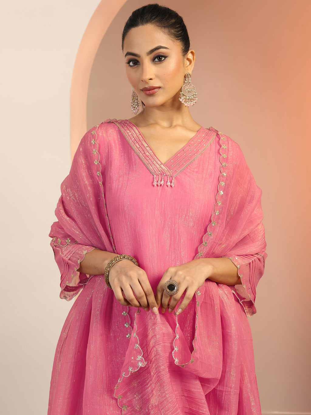 Libas Peach Solid Silk blend A-Line Suit Set With Dupatta KS67