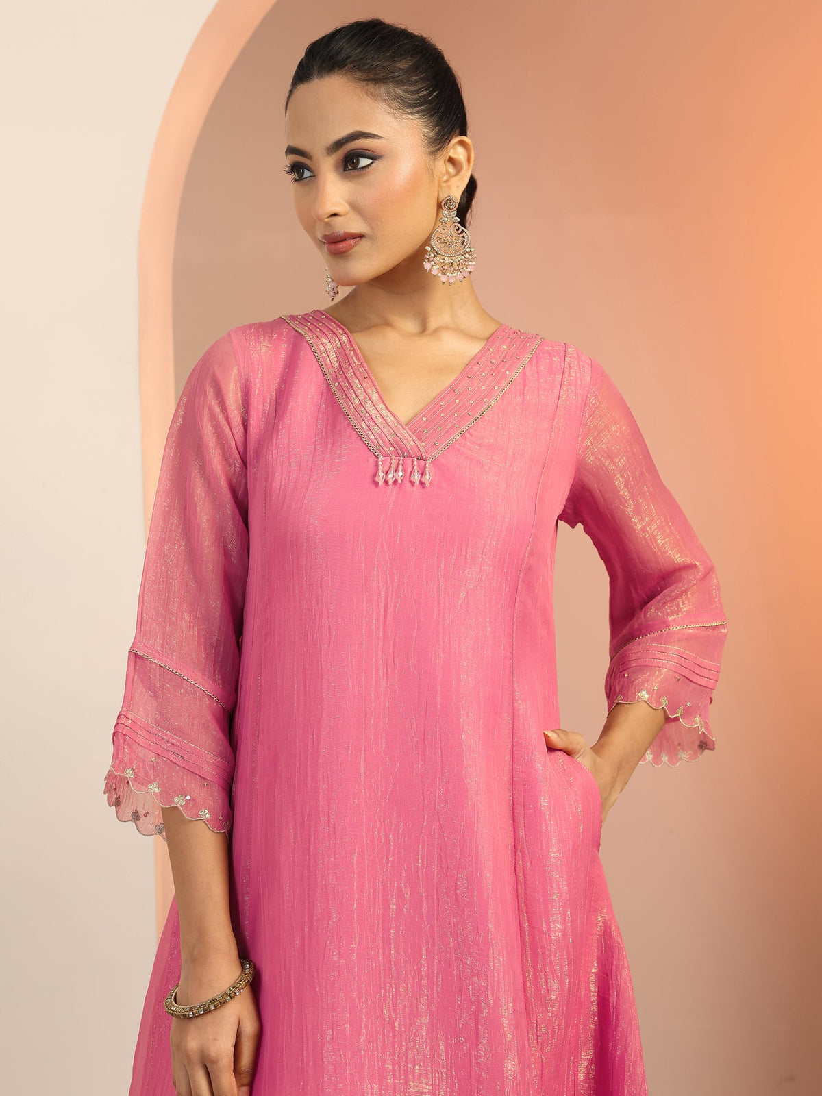 Libas Peach Solid Silk blend A-Line Suit Set With Dupatta KS67
