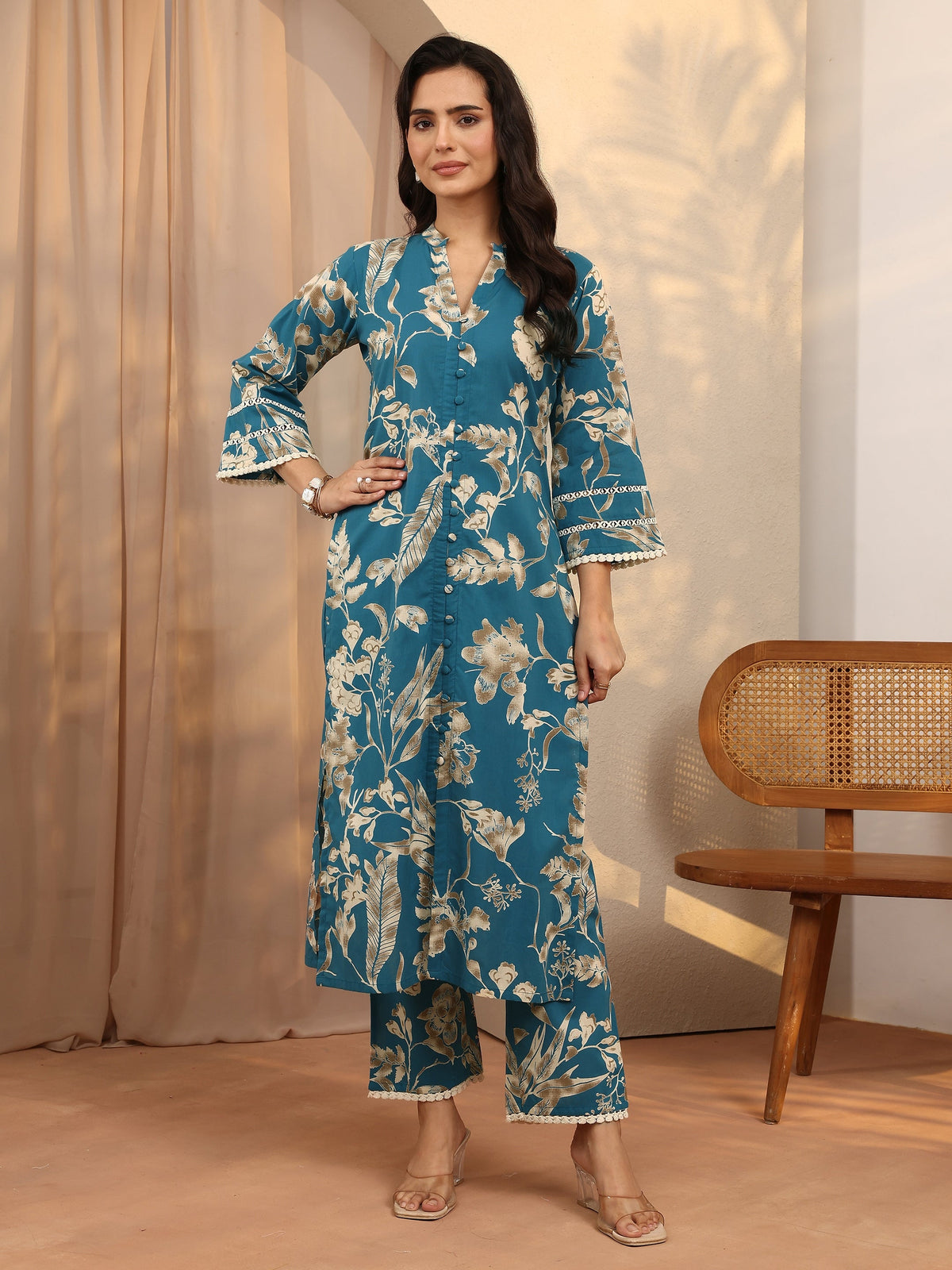 Libas Blue Printed Cotton Straight Kurta Set