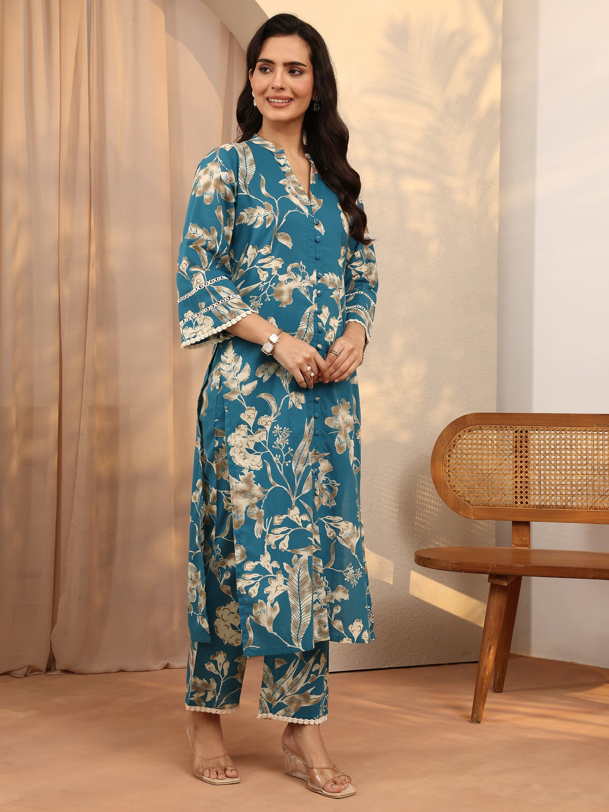 Libas Blue Printed Cotton Straight Kurta Set