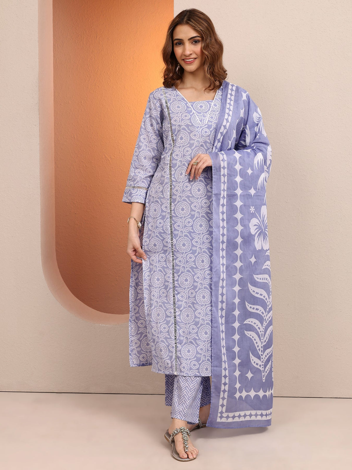 Libas Lavender Printed Cotton Straight Suit Set With Dupatta KS67