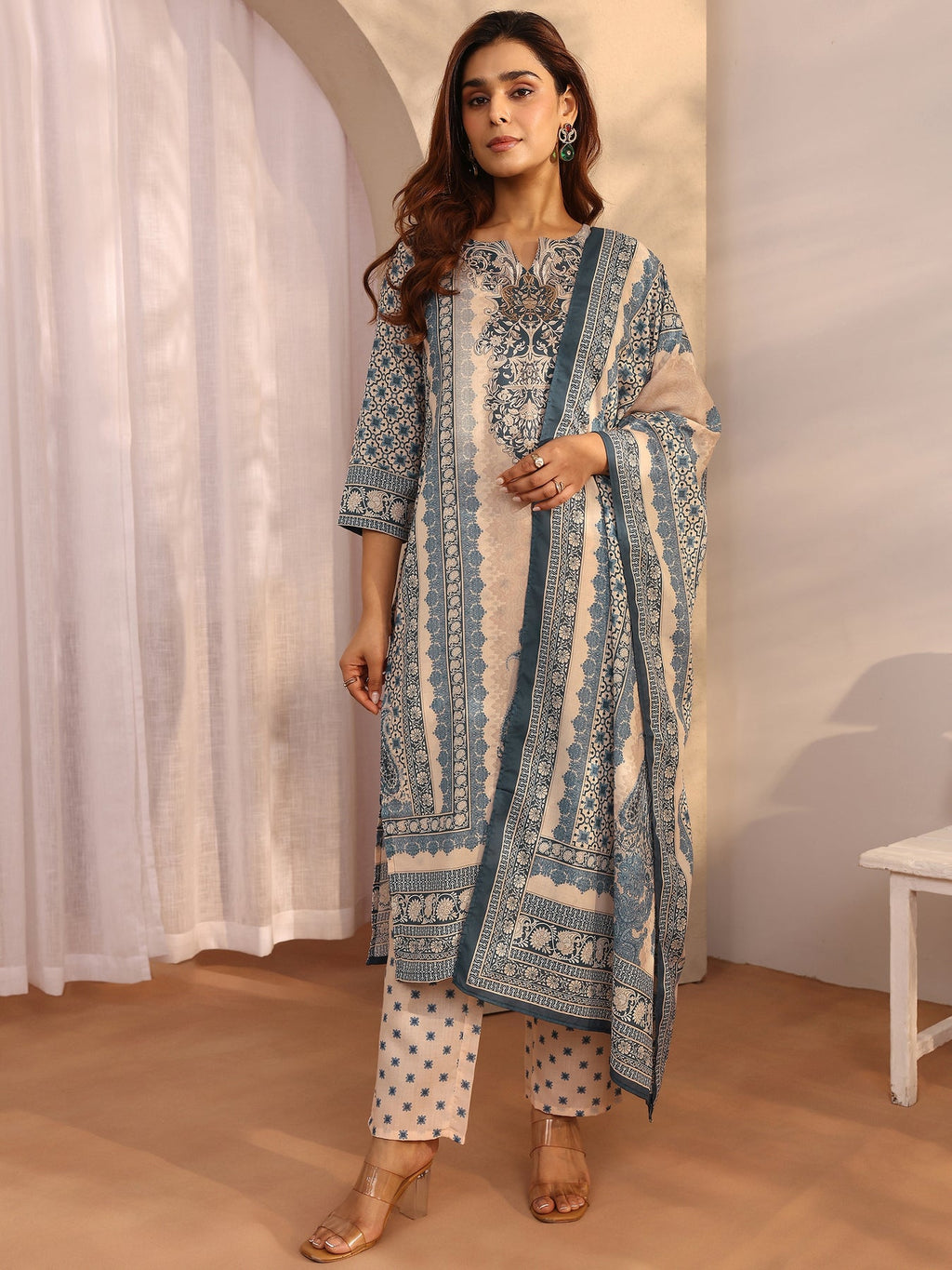 Libas Blue Printed cotton blend Straight Suit Set With Dupatta KS67