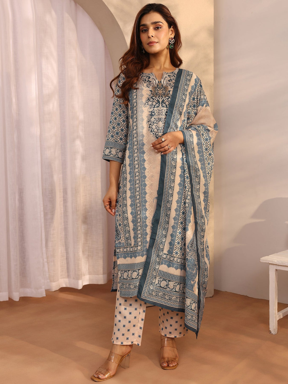Libas Blue Printed cotton blend Straight Suit Set With Dupatta KS67