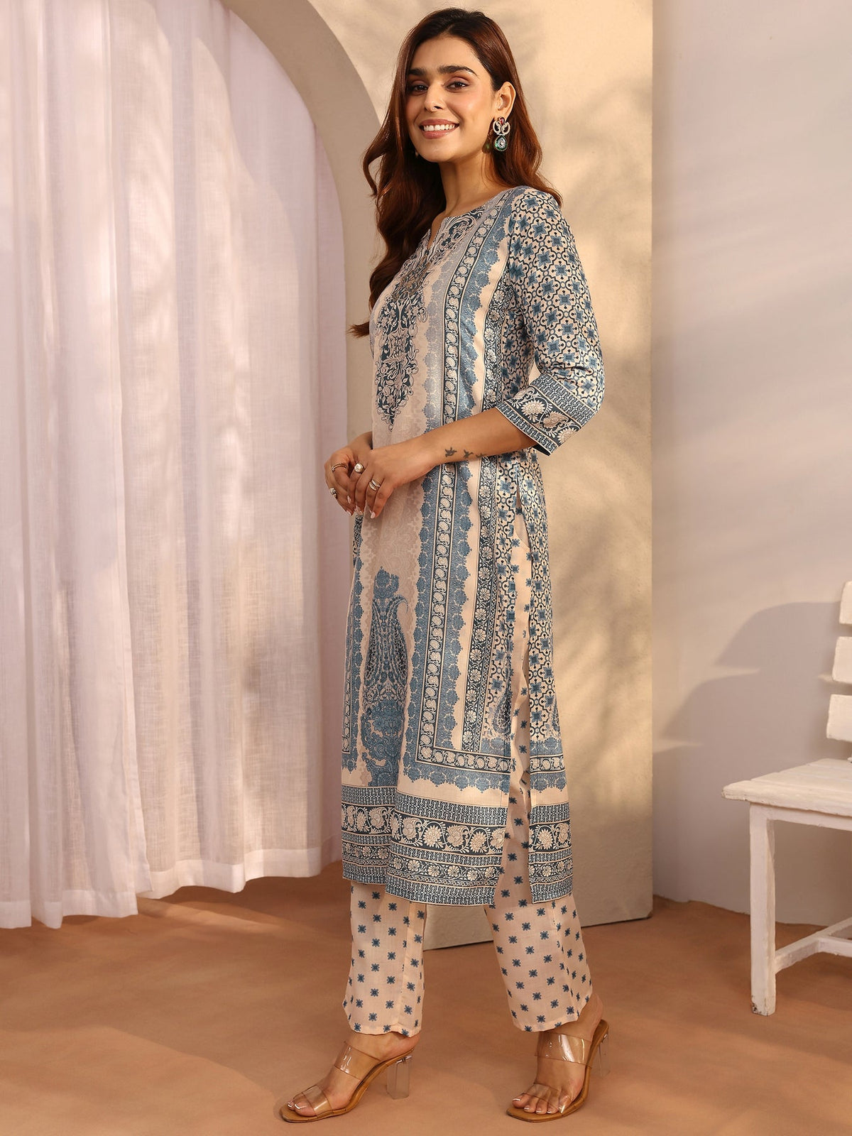 Libas Blue Printed cotton blend Straight Suit Set With Dupatta KS67