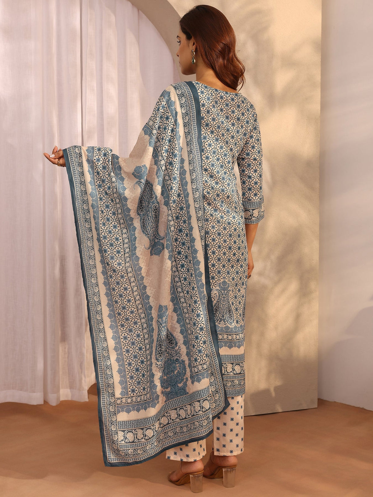 Libas Blue Printed cotton blend Straight Suit Set With Dupatta KS67