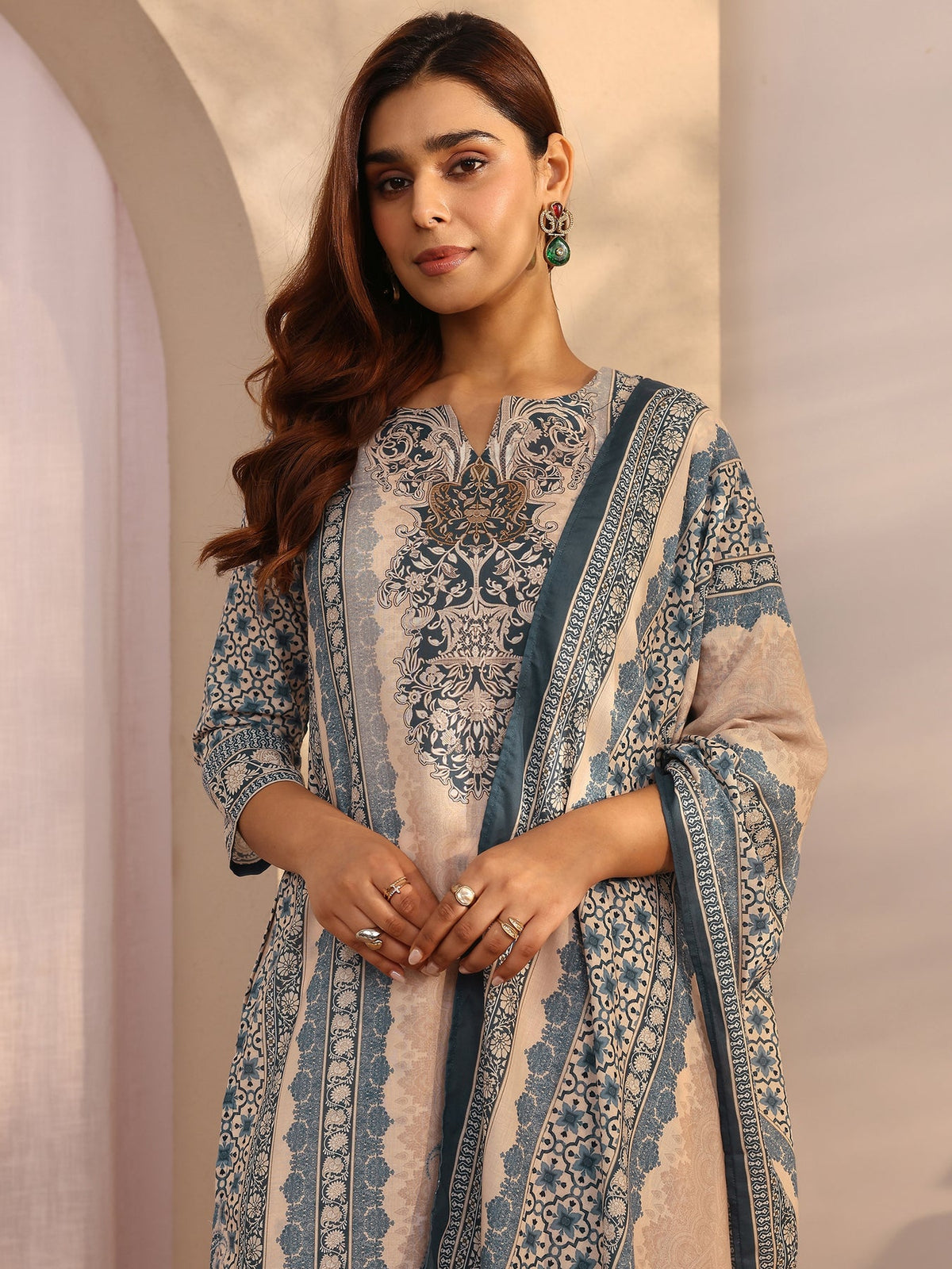 Libas Blue Printed cotton blend Straight Suit Set With Dupatta KS67