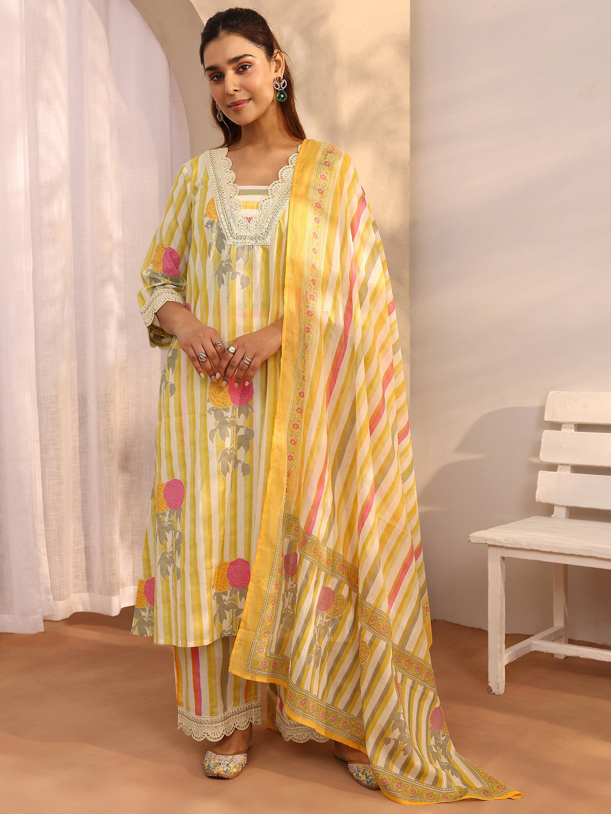 Libas Yellow Printed Cotton Straight Suit Set With Dupatta