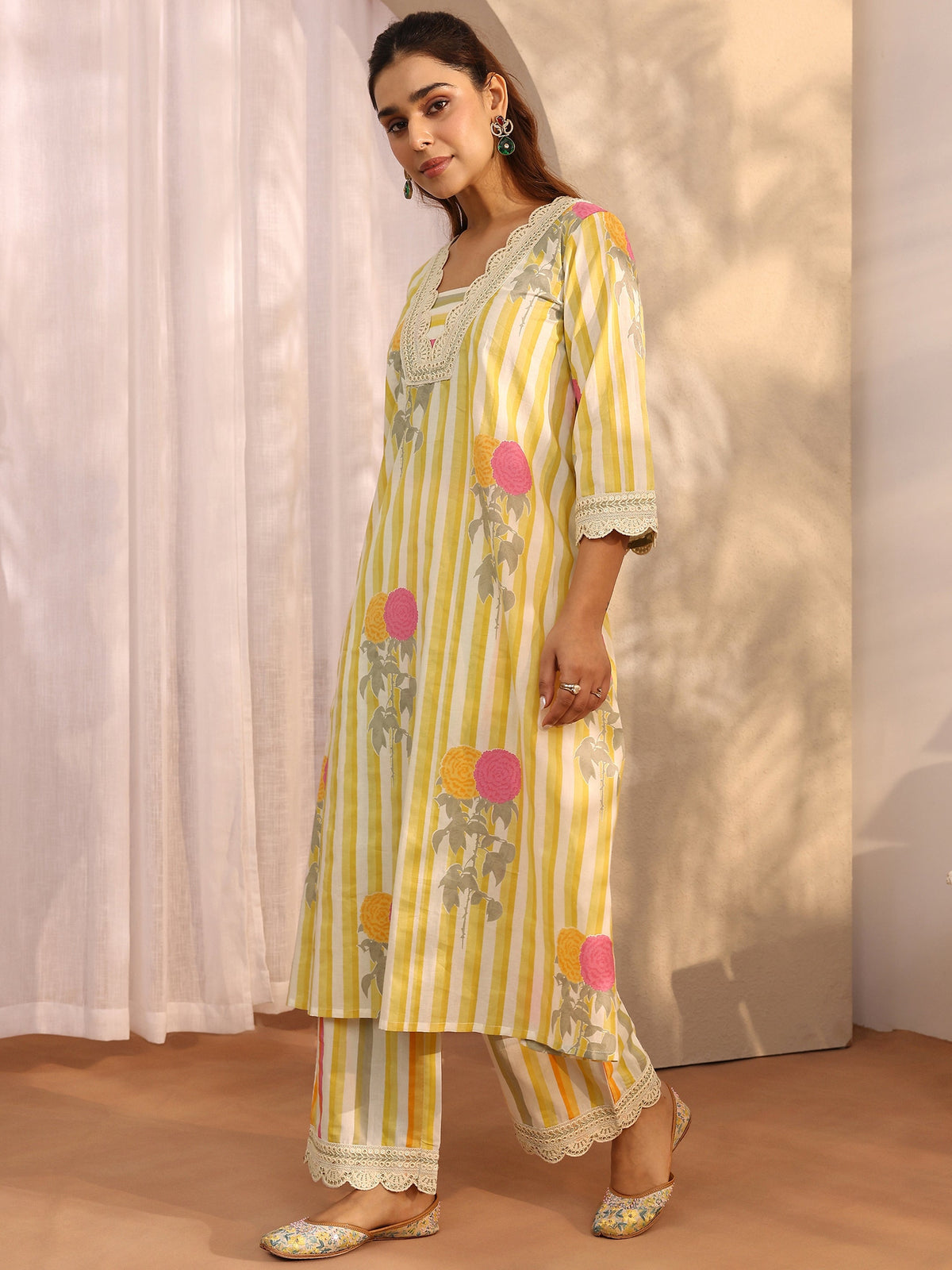 Libas Yellow Printed Cotton Straight Suit Set With Dupatta
