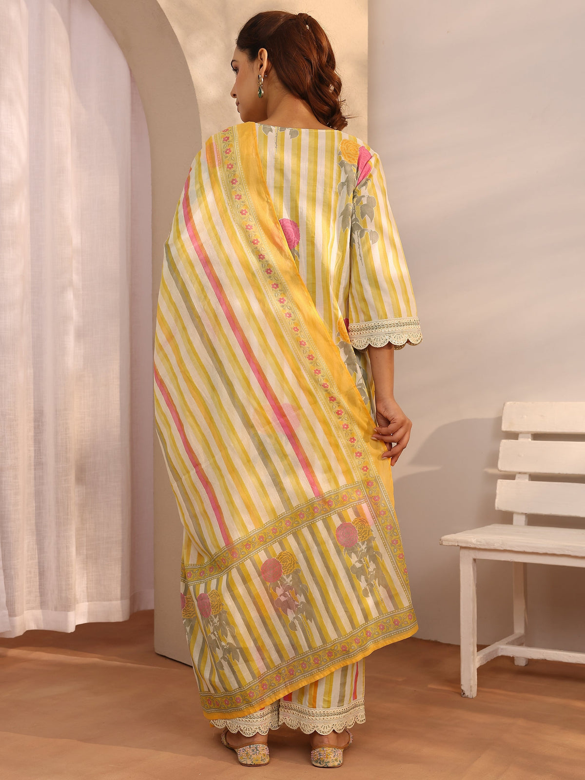 Libas Yellow Printed Cotton Straight Suit Set With Dupatta