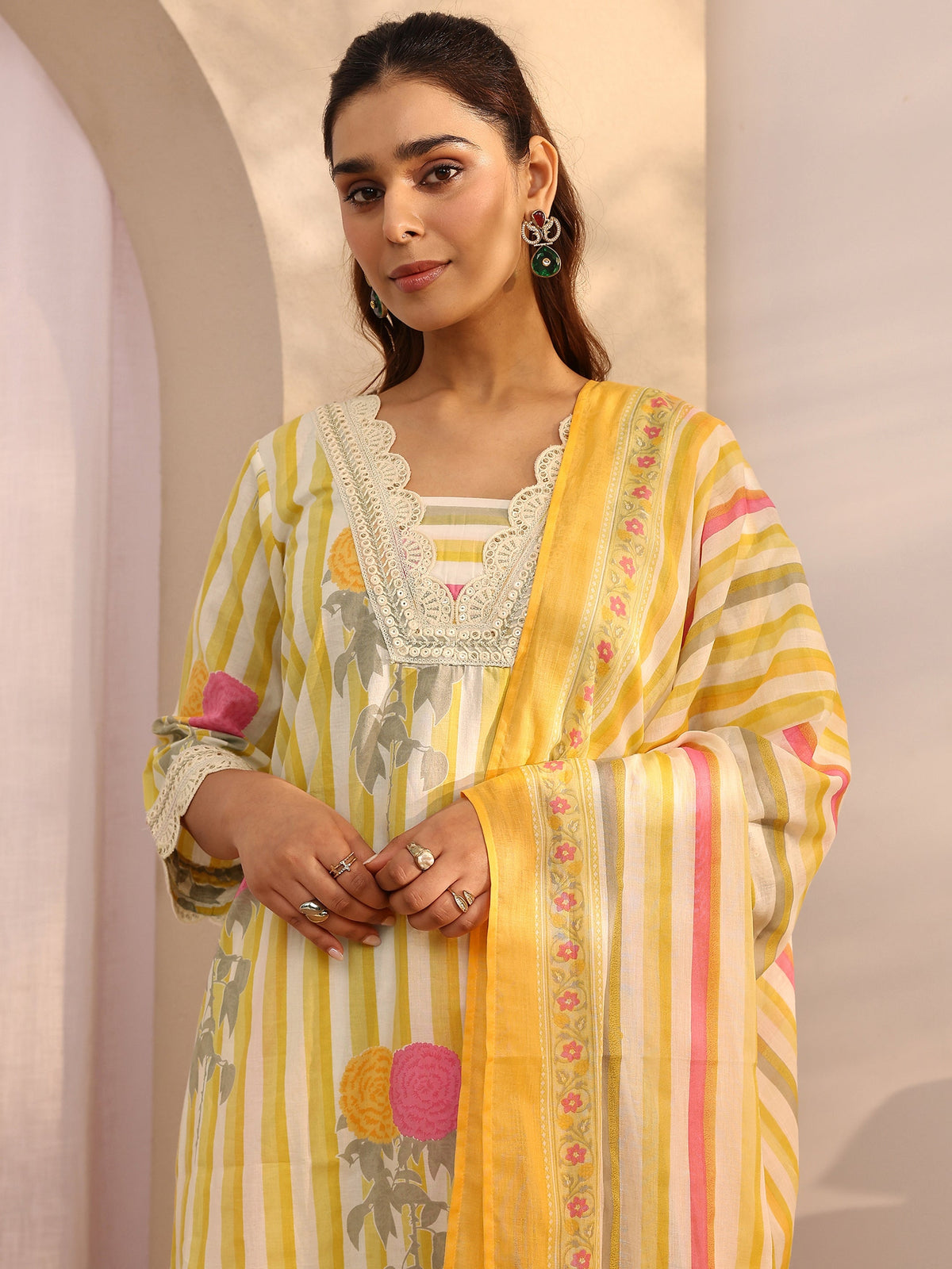 Libas Yellow Printed Cotton Straight Suit Set With Dupatta