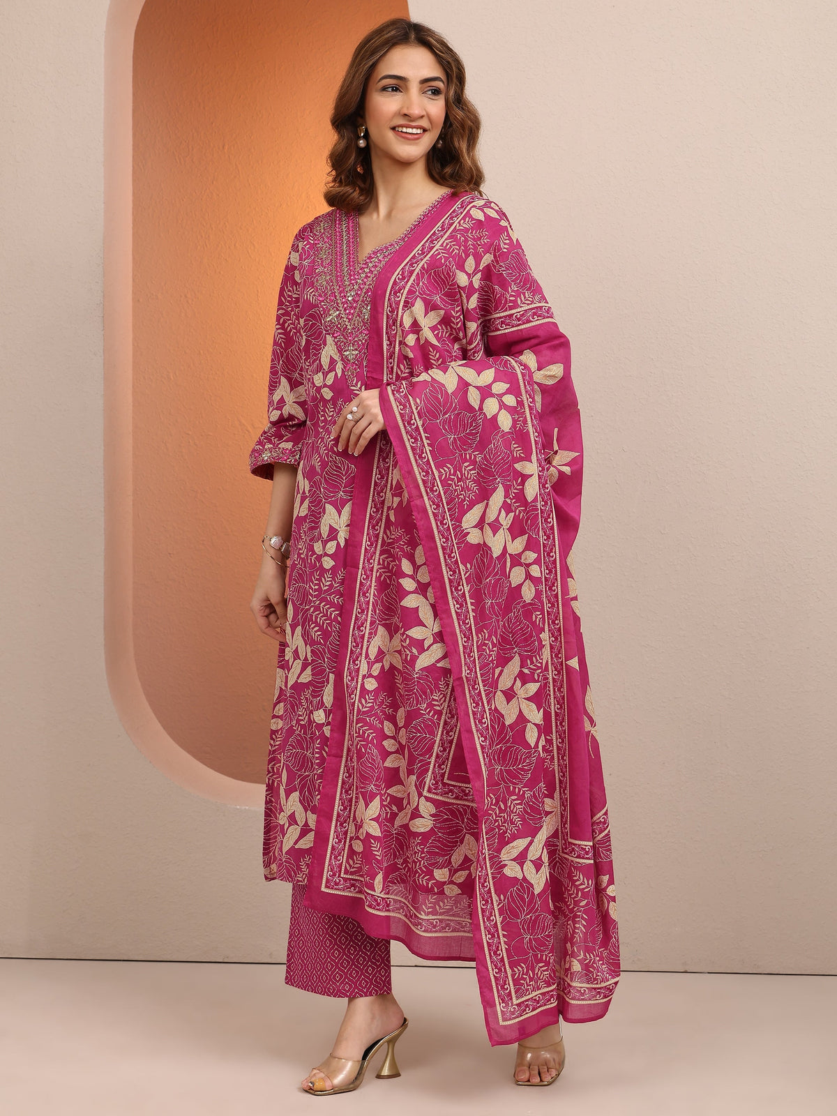 Libas Pink Printed Cotton Straight Suit Set With Dupatta