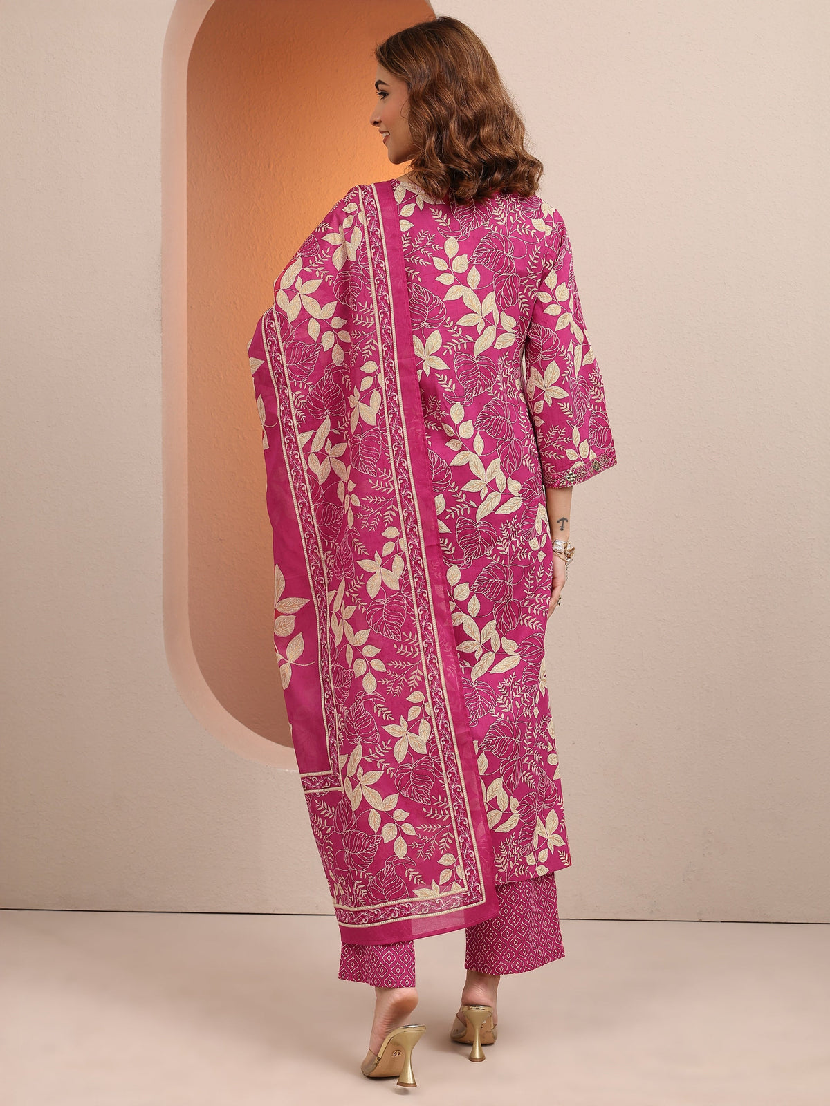 Libas Pink Printed Cotton Straight Suit Set With Dupatta