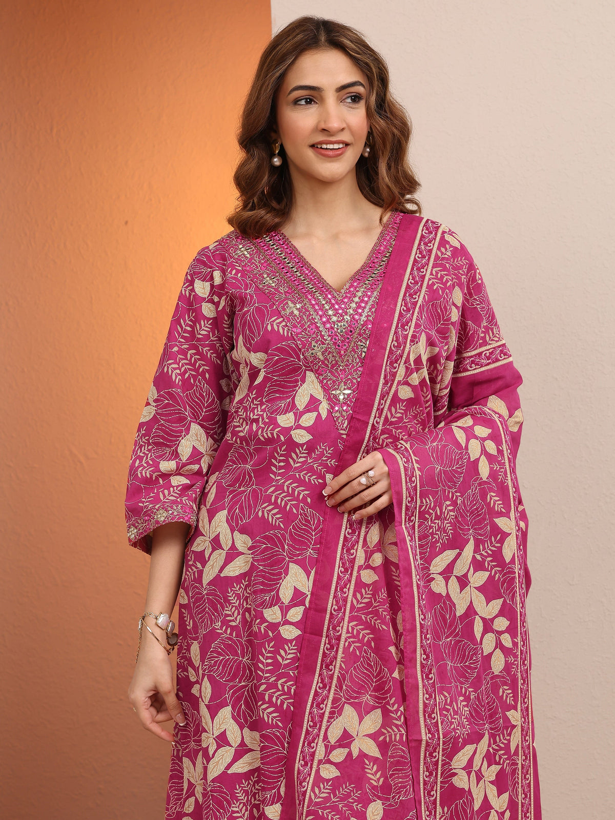 Libas Pink Printed Cotton Straight Suit Set With Dupatta