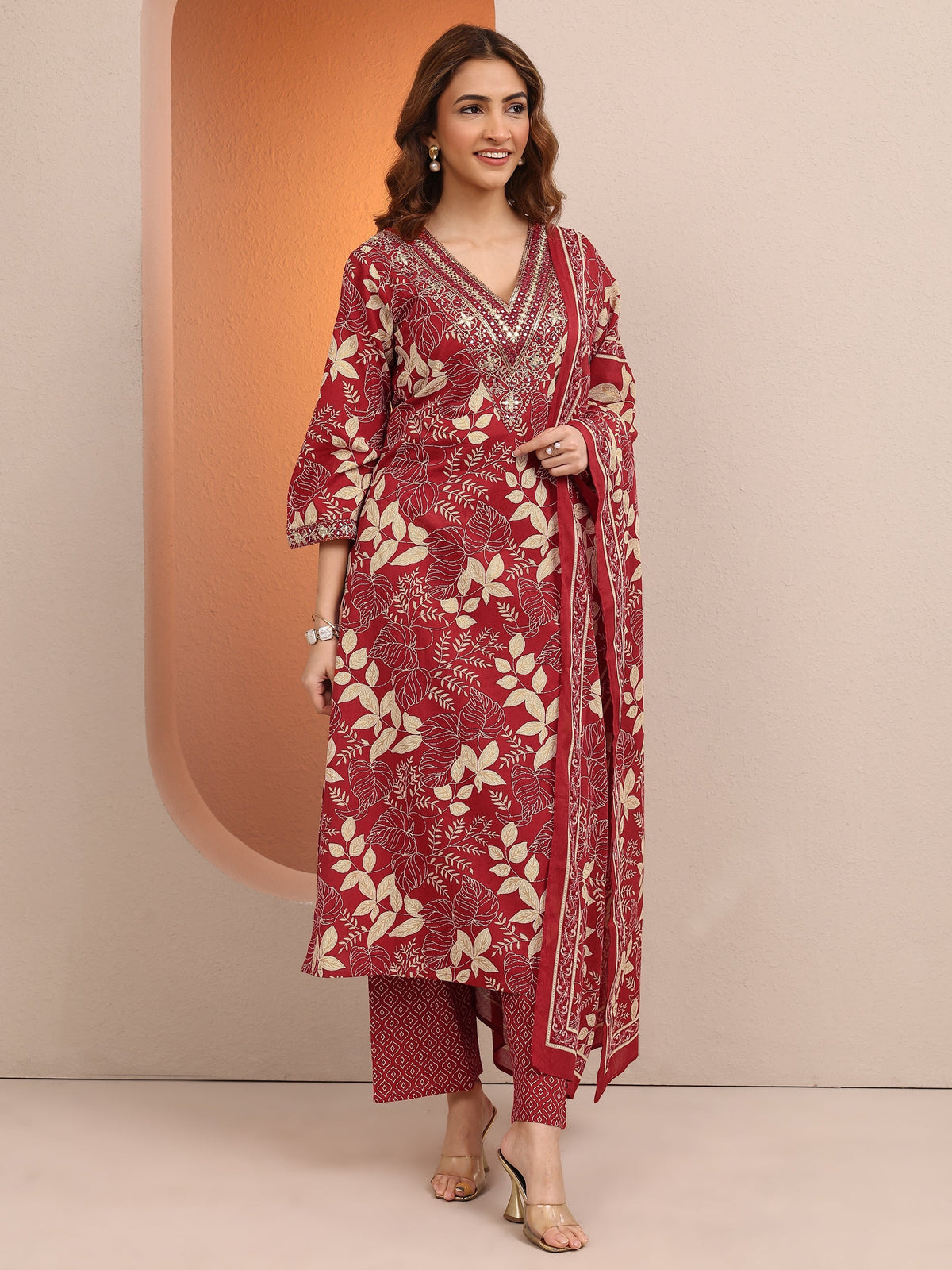 Libas Red Printed Cotton Straight Suit Set With Dupatta
