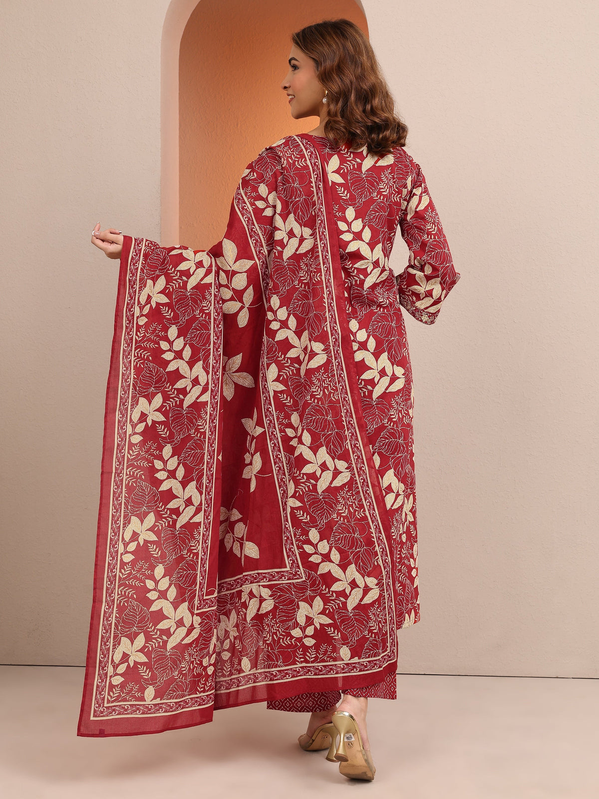 Libas Red Printed Cotton Straight Suit Set With Dupatta