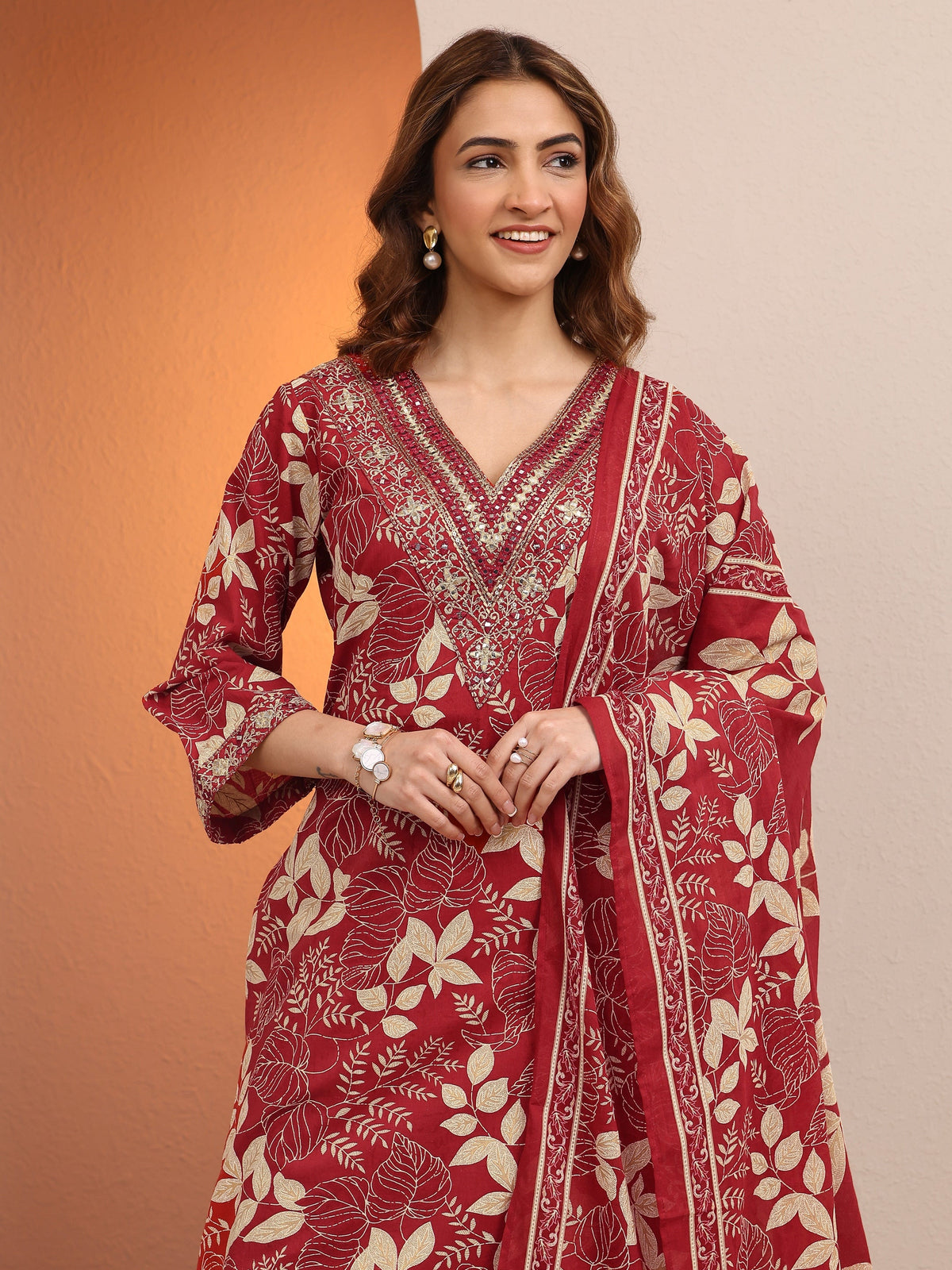 Libas Red Printed Cotton Straight Suit Set With Dupatta