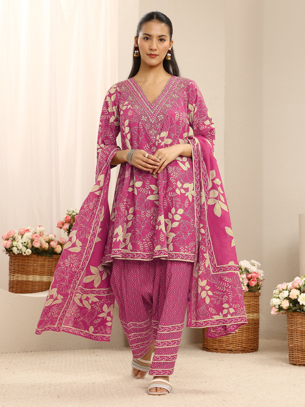 Libas Pink Floral Printed Cotton Farshi Salwar Suit Set