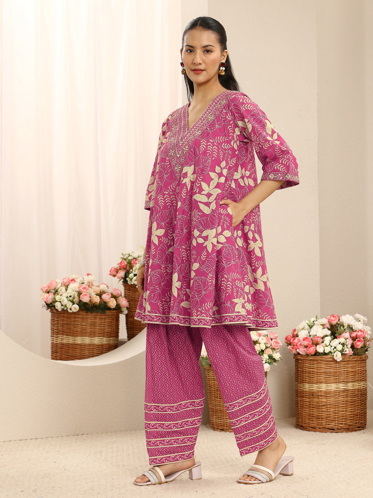 Libas Pink Floral Printed Cotton Farshi Salwar Suit Set