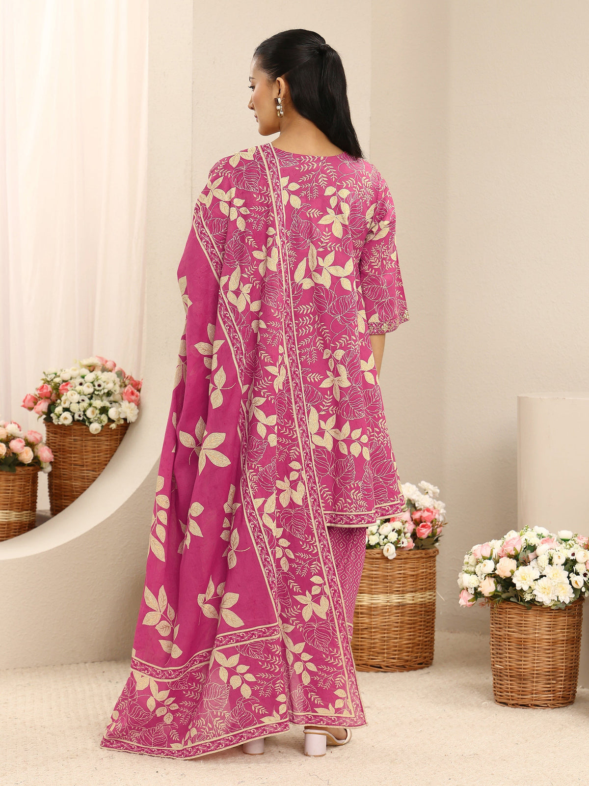 Libas Pink Floral Printed Cotton Farshi Salwar Suit Set