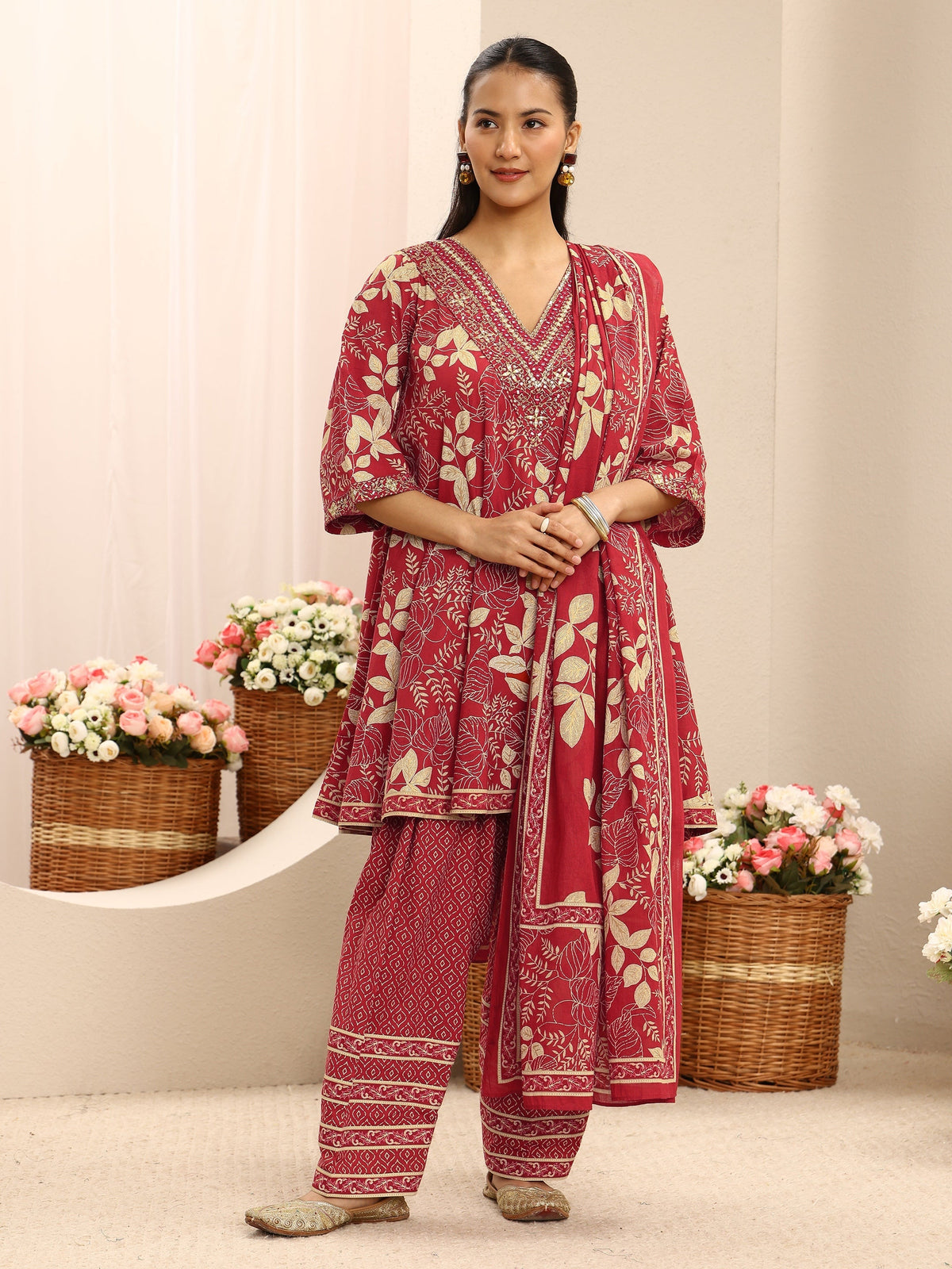 Libas Red Floral Printed Cotton Farshi Salwar Suit Set