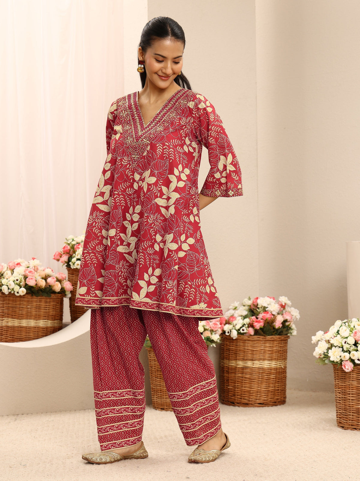 Libas Red Floral Printed Cotton Farshi Salwar Suit Set