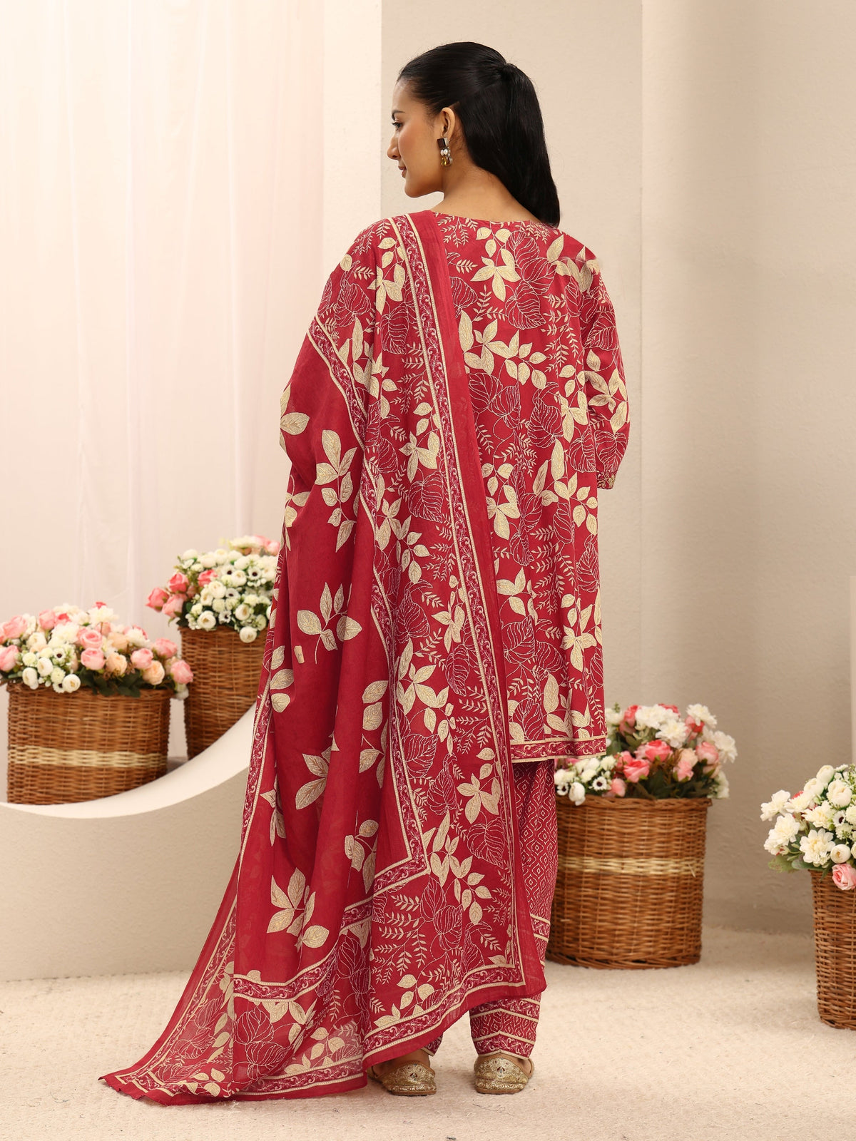 Libas Red Floral Printed Cotton Farshi Salwar Suit Set