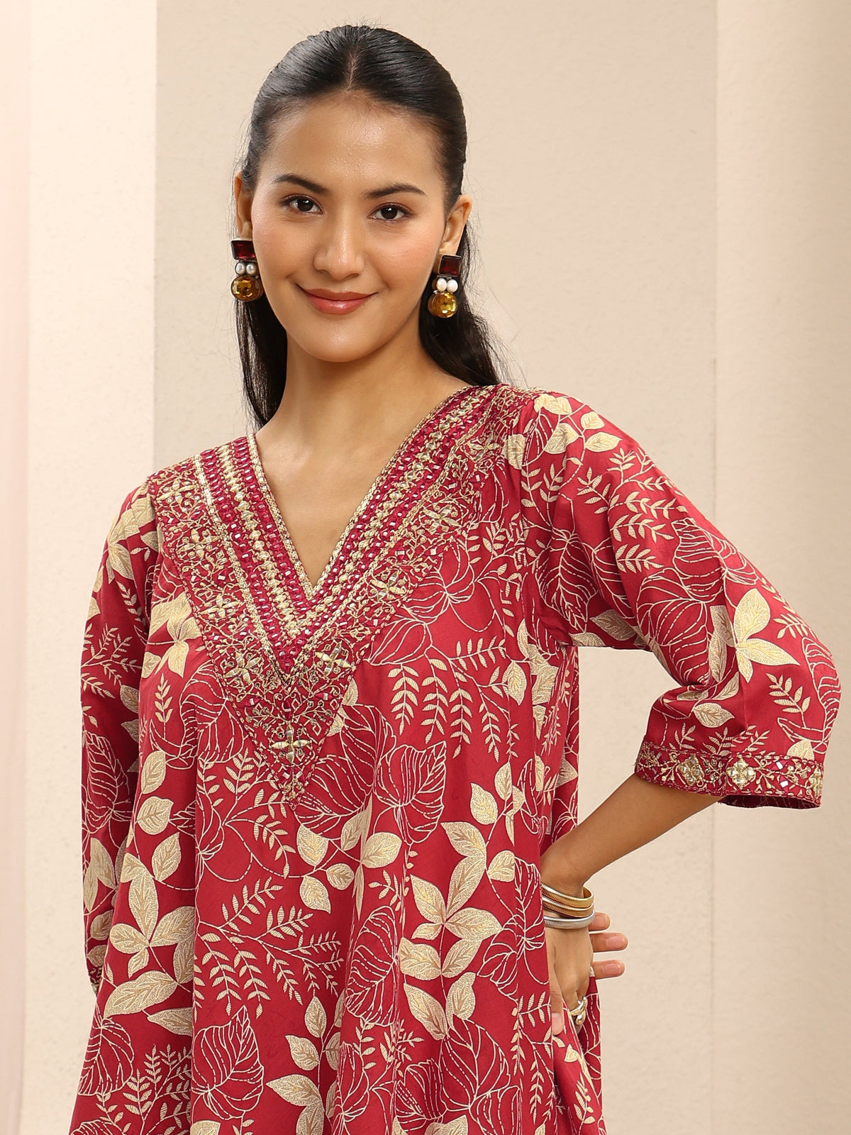 Libas Red Floral Printed Cotton Farshi Salwar Suit Set