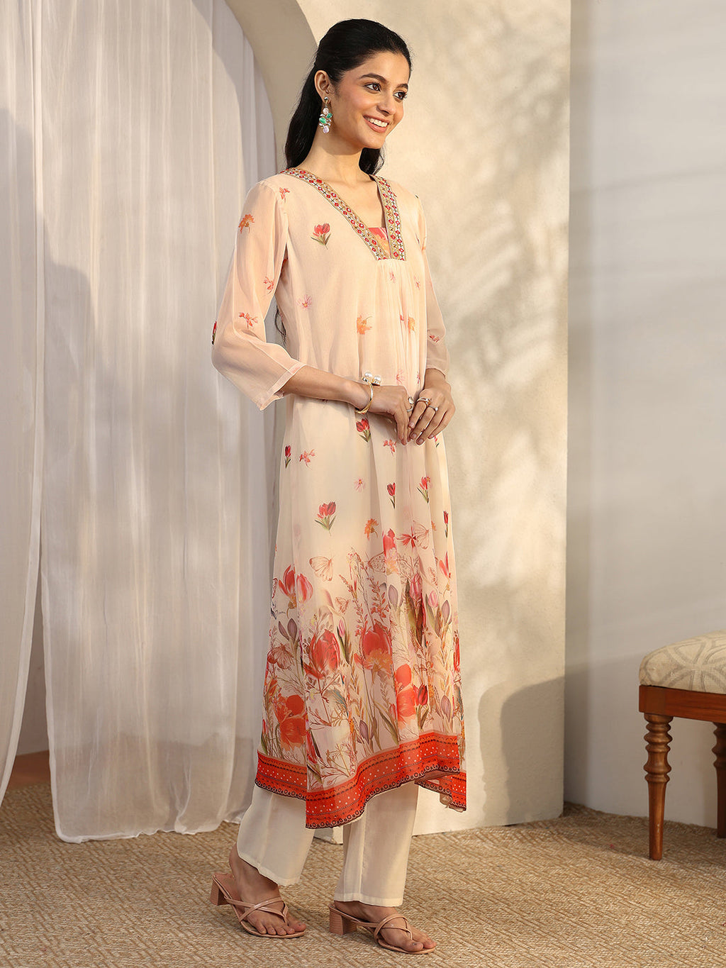 Libas White Printed Chiffon Anarkali Suit Set With Dupatta