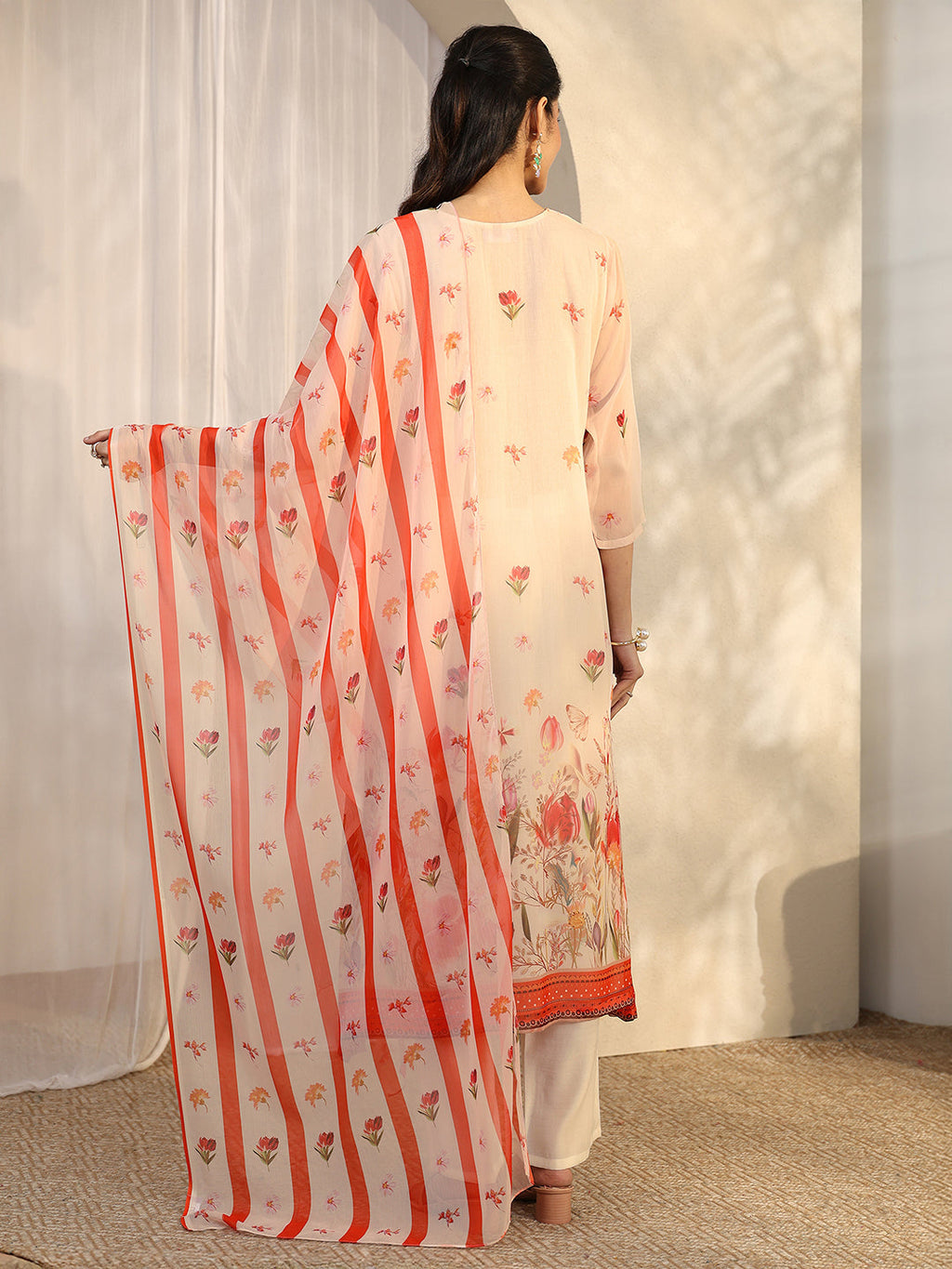 Libas White Printed Chiffon Anarkali Suit Set With Dupatta