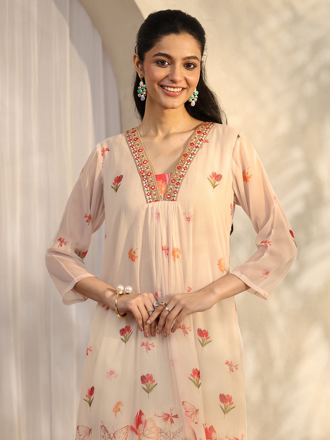 Libas White Printed Chiffon Anarkali Suit Set With Dupatta