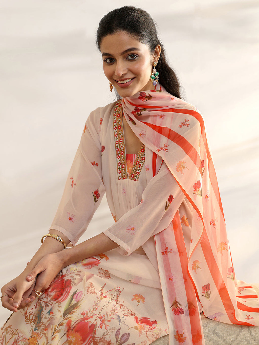 Libas White Printed Chiffon Anarkali Suit Set With Dupatta