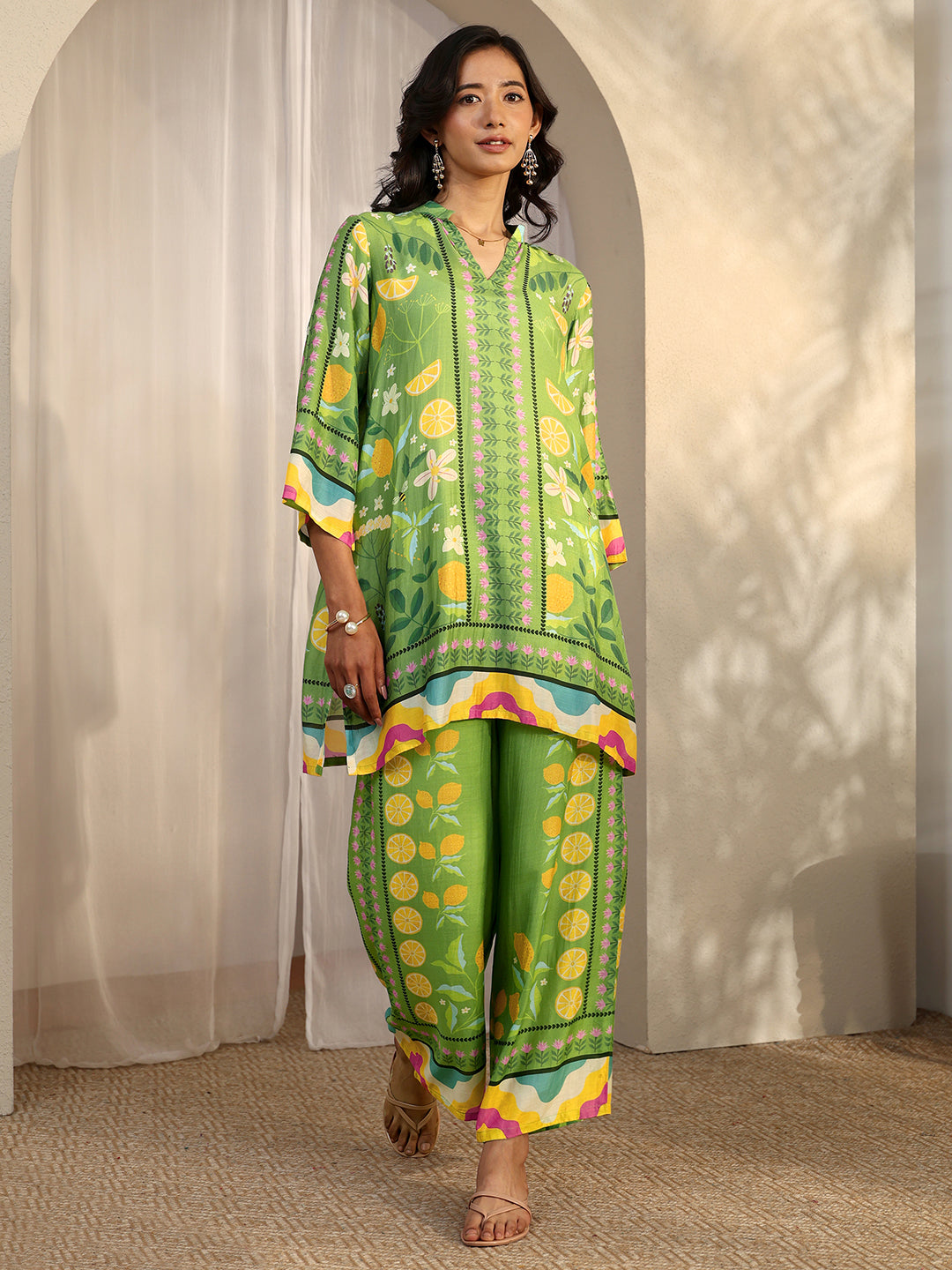 Libas Green Printed Silk Blend Co-Ord Sets CO87