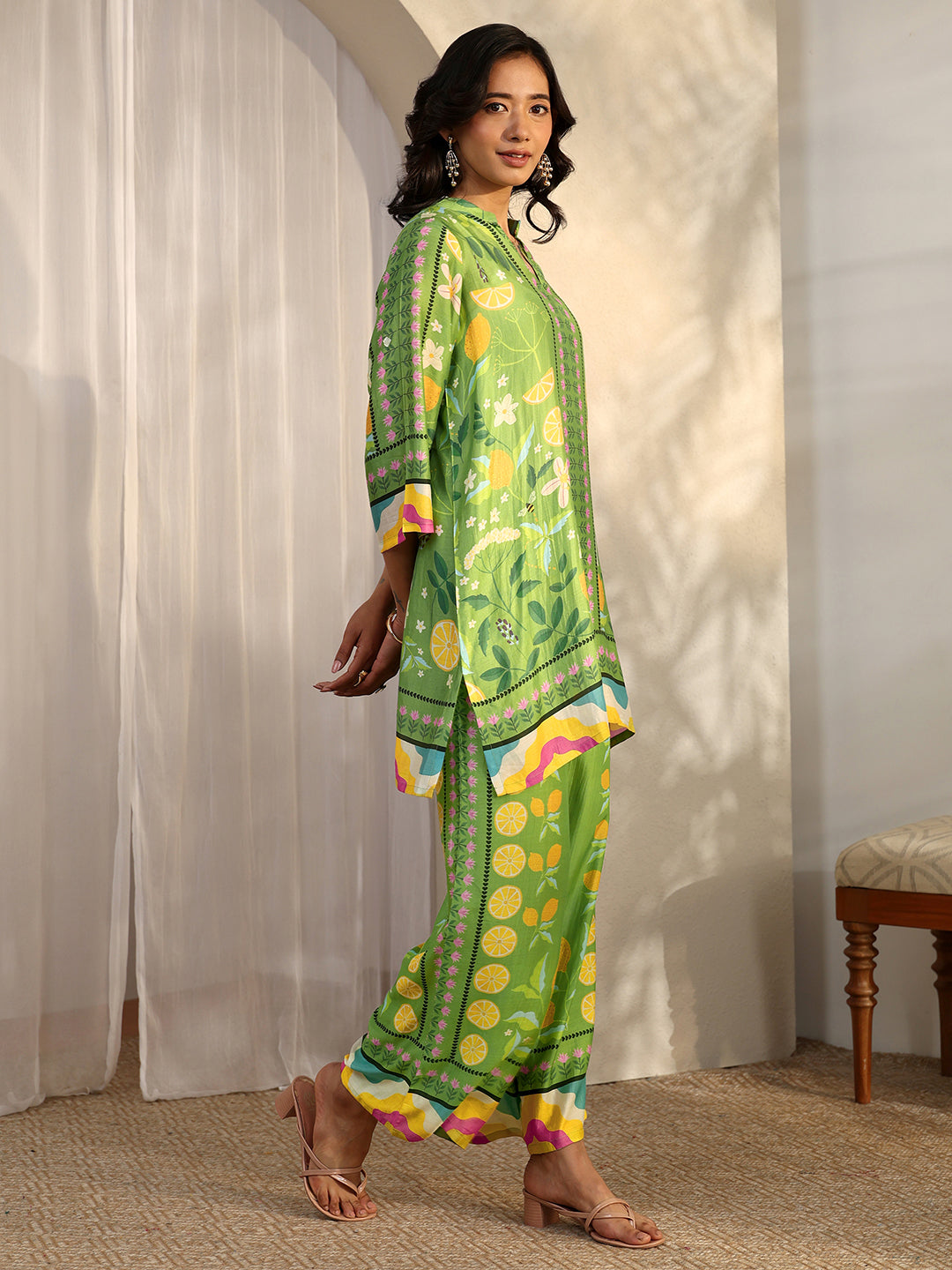 Libas Green Printed Silk Blend Co-Ord Sets CO87