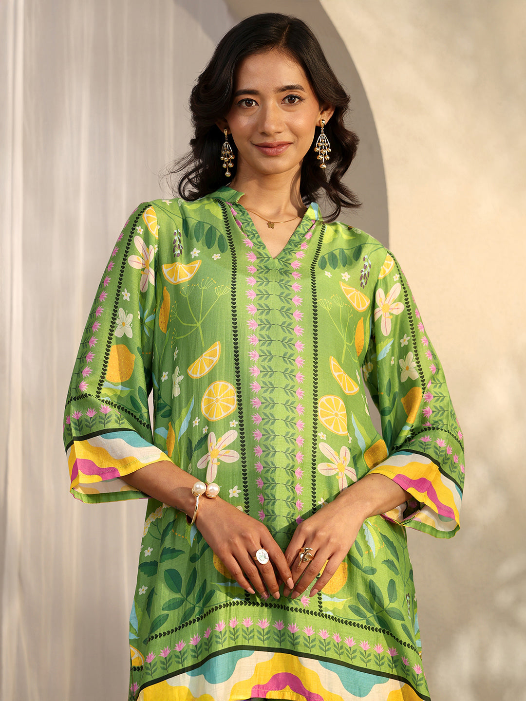 Libas Green Printed Silk Blend Co-Ord Sets CO87
