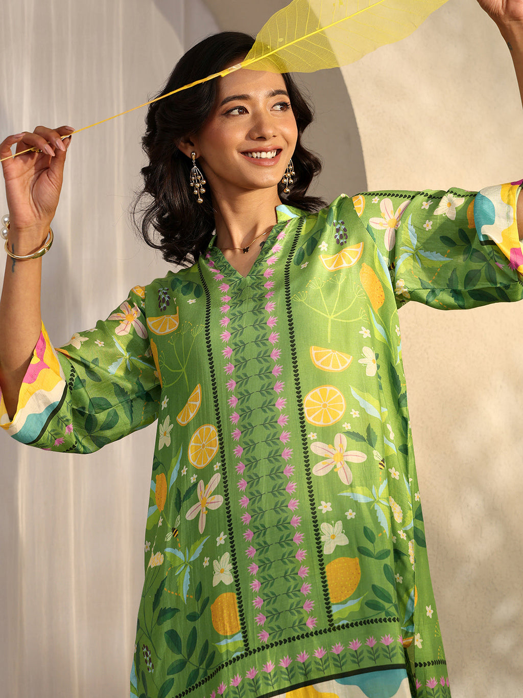 Libas Green Printed Silk Blend Co-Ord Sets CO87