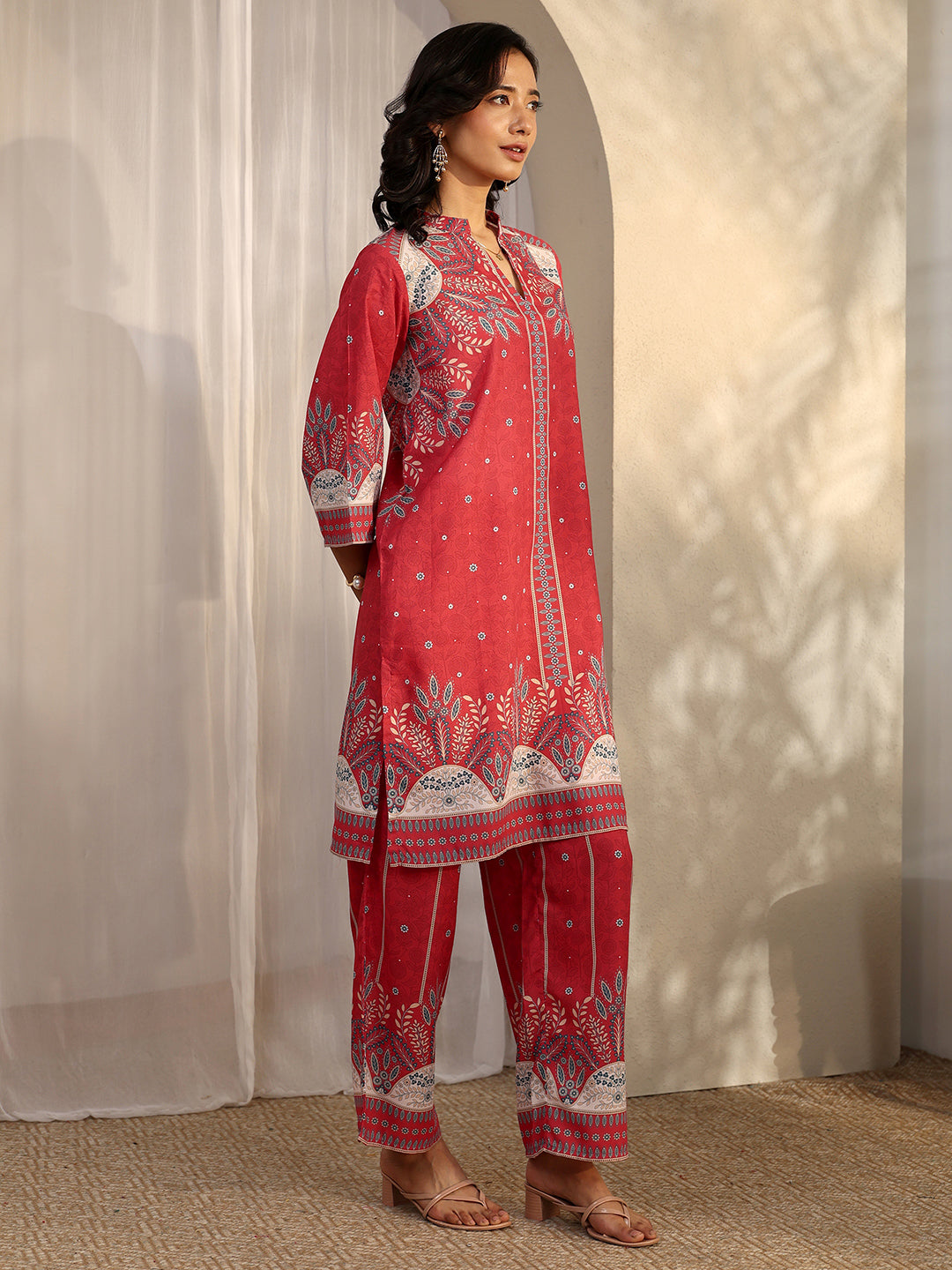Libas Red Printed Cotton Blend Co-Ord Sets CO87